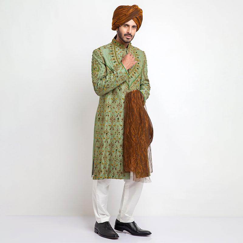 Dark Pistachio Green Pure Jamavar Silk Sherwani for Men - Elegant Indian Wedding Attire & Formal Occasions