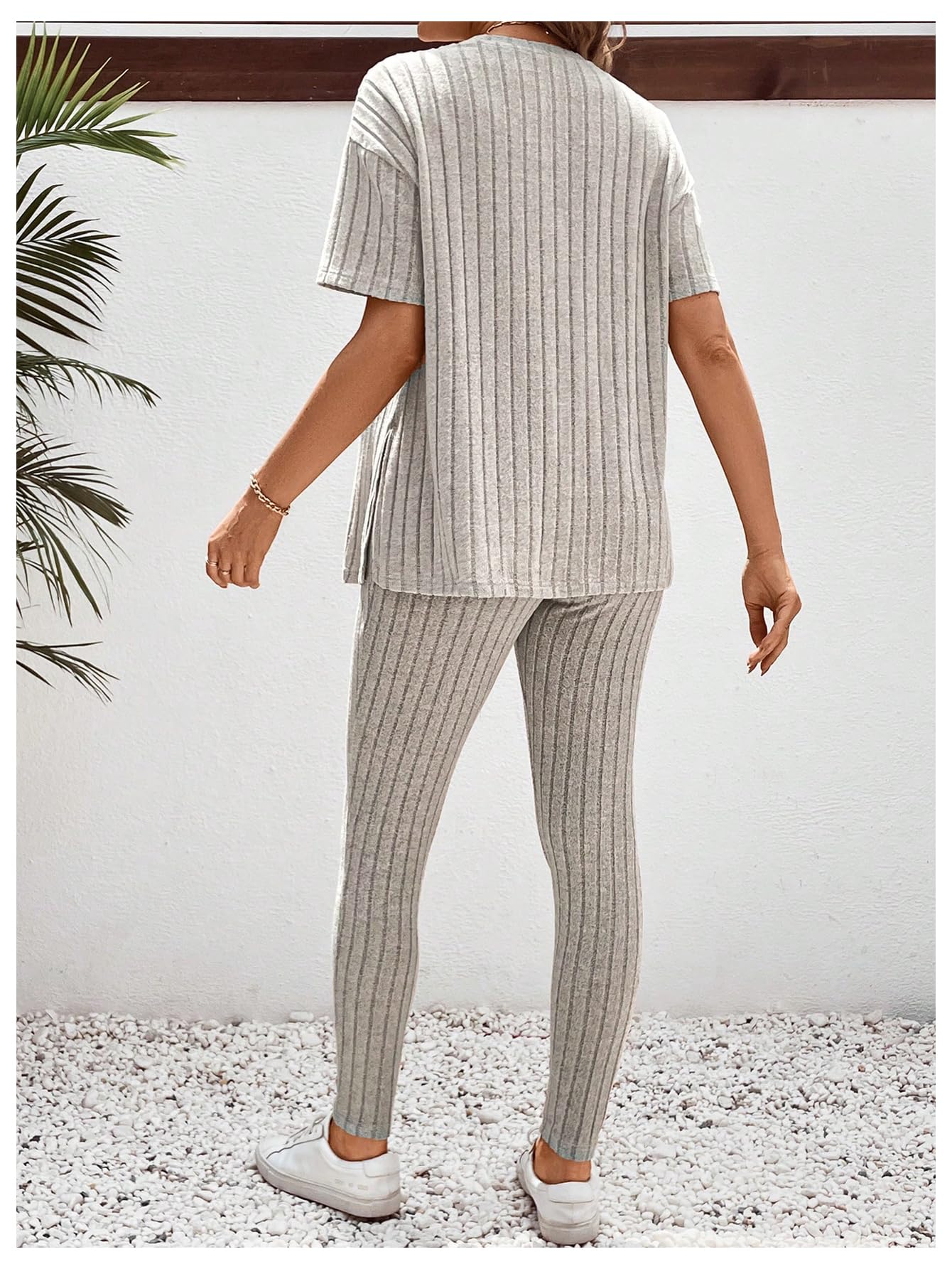 MakeMeChic Women's Maternity 2-Piece Pajama Set - Rib Knit Split Tee Top & Lounge Pants - Comfortable Pregnancy Sleepwear & Loungewear for Expecting Moms (Perfect for Relaxing at Home, Nursing, and Hospital Stay)
