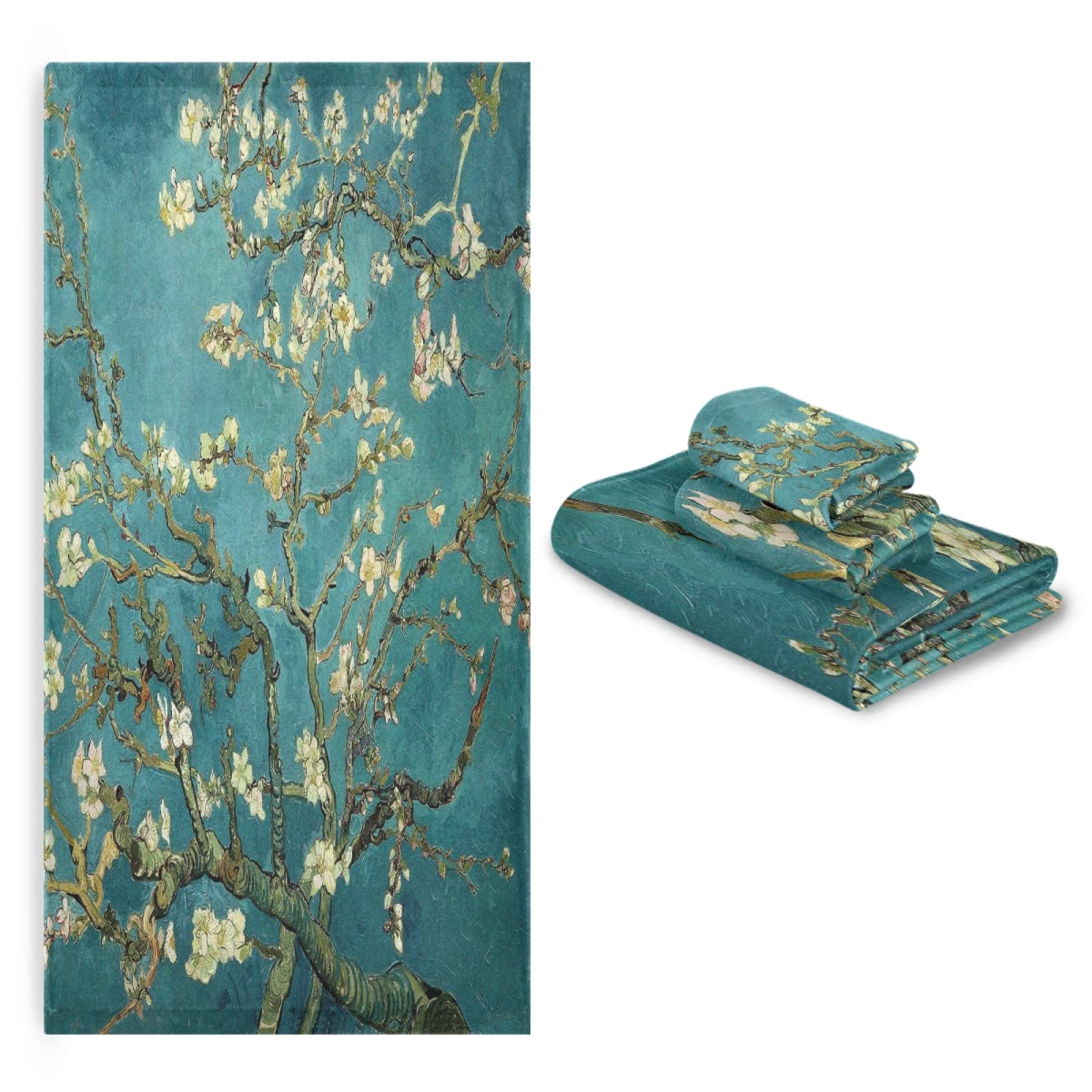 Van Gogh Almond Bath Towel Set - Luxury 3-Piece Decorative Towels (1 Bath, 1 Hand, 1 Washcloth) - Ultra Soft & Absorbent for Bathroom, Hotel, Gym, Yoga & Spa - Perfect for Home Decor & Guest Towels