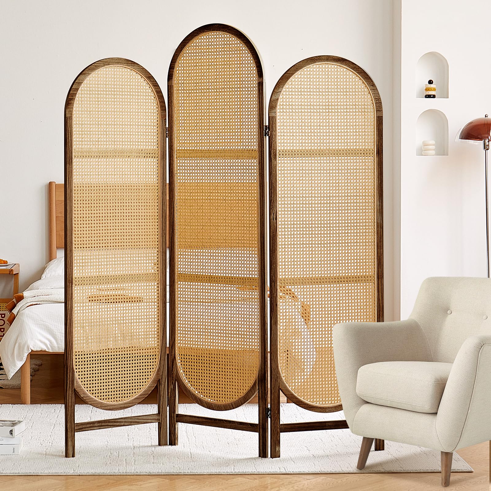3-Panel Wood Room Divider | Folding Rattan Partition Screen with Unique Design | Portable Privacy Wall Divider for Home, Office, Restaurant & Bedroom (Brown) | Perfect for Space Separation & Interior Decor
