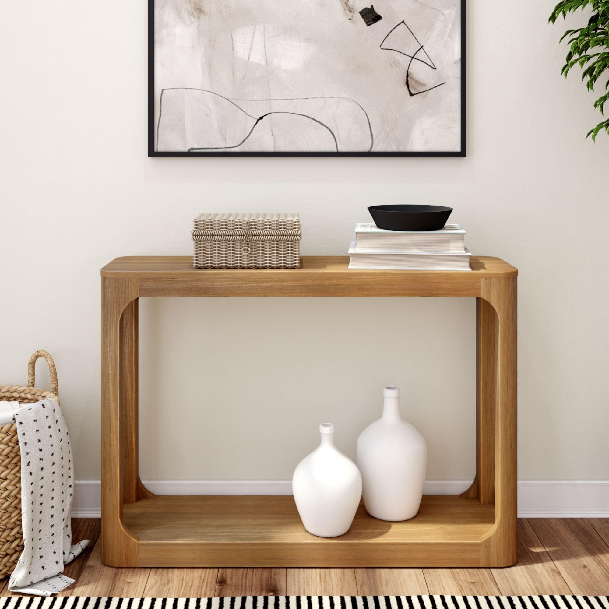 Solid Wood Console Table - 46 Inch Plank+Beam Forma Sofa Table | Entryway, Hallway & Behind Couch Table | Easy Assembly Pecan Wood | Perfect for Living Room, Foyer & Narrow Spaces
