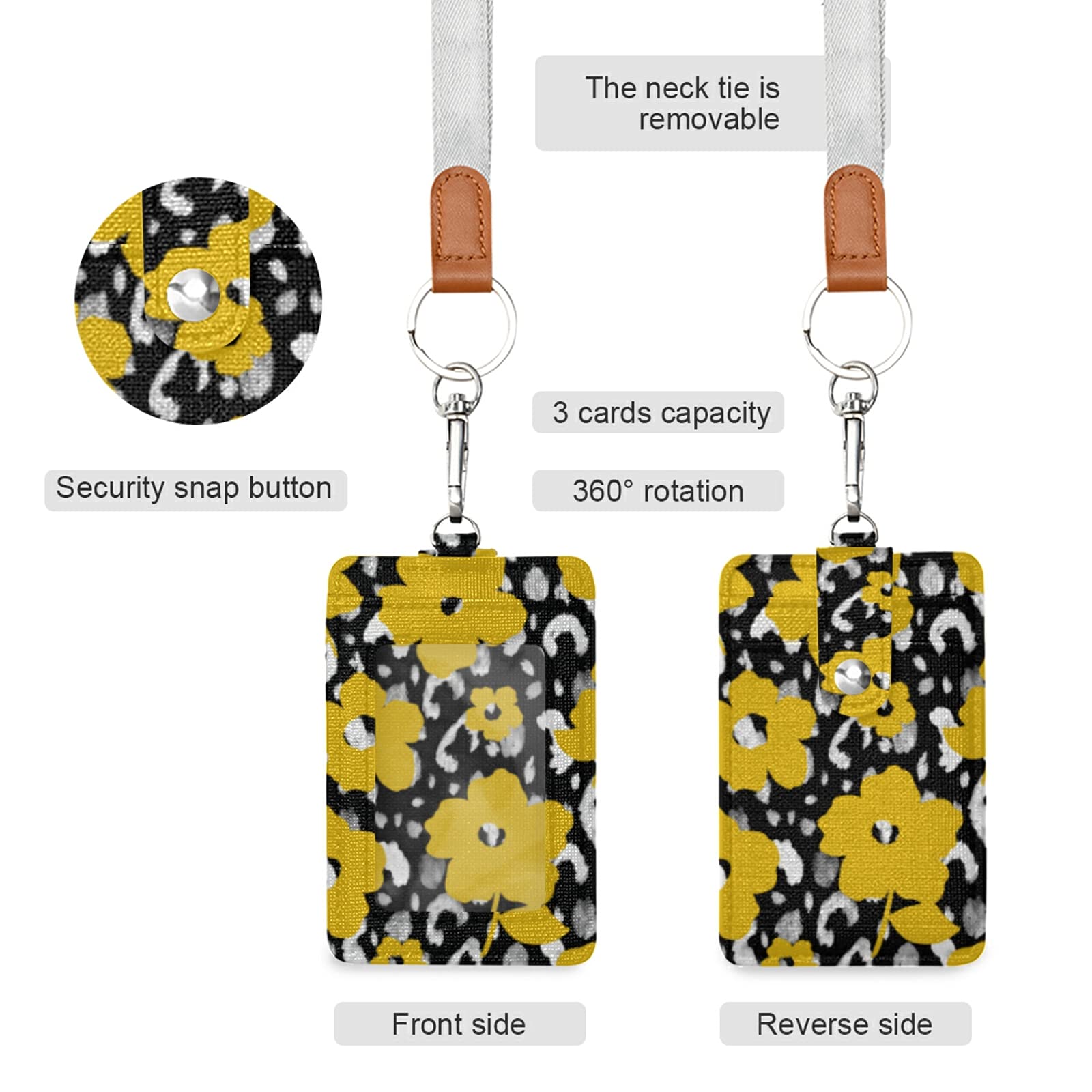 Yellow Leather ID Badge Holder with Lanyard - 2 Card Slots for Office & School Staff