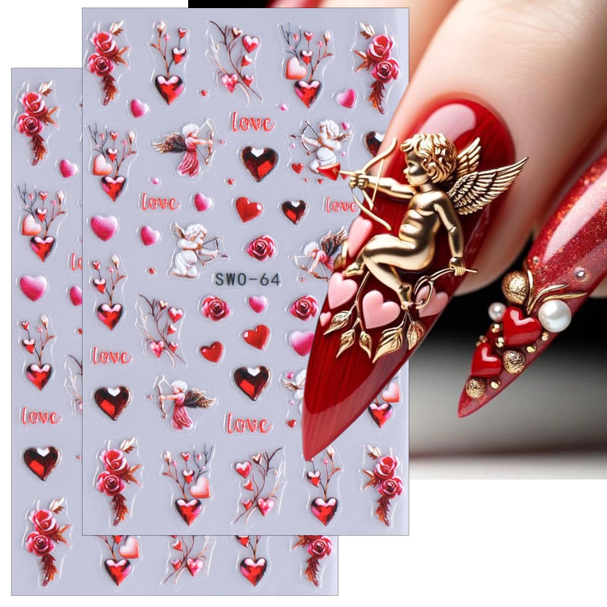 2 Pack 5D Embossed Heart Nail Stickers - Romantic Valentine's Day Nail Art Decals, Self-Adhesive Cupid Angel Nail Designs for Women & Girls | Perfect for Valentine's Gifts, Date Nights, Bridal Showers & Nail Salon Decorations