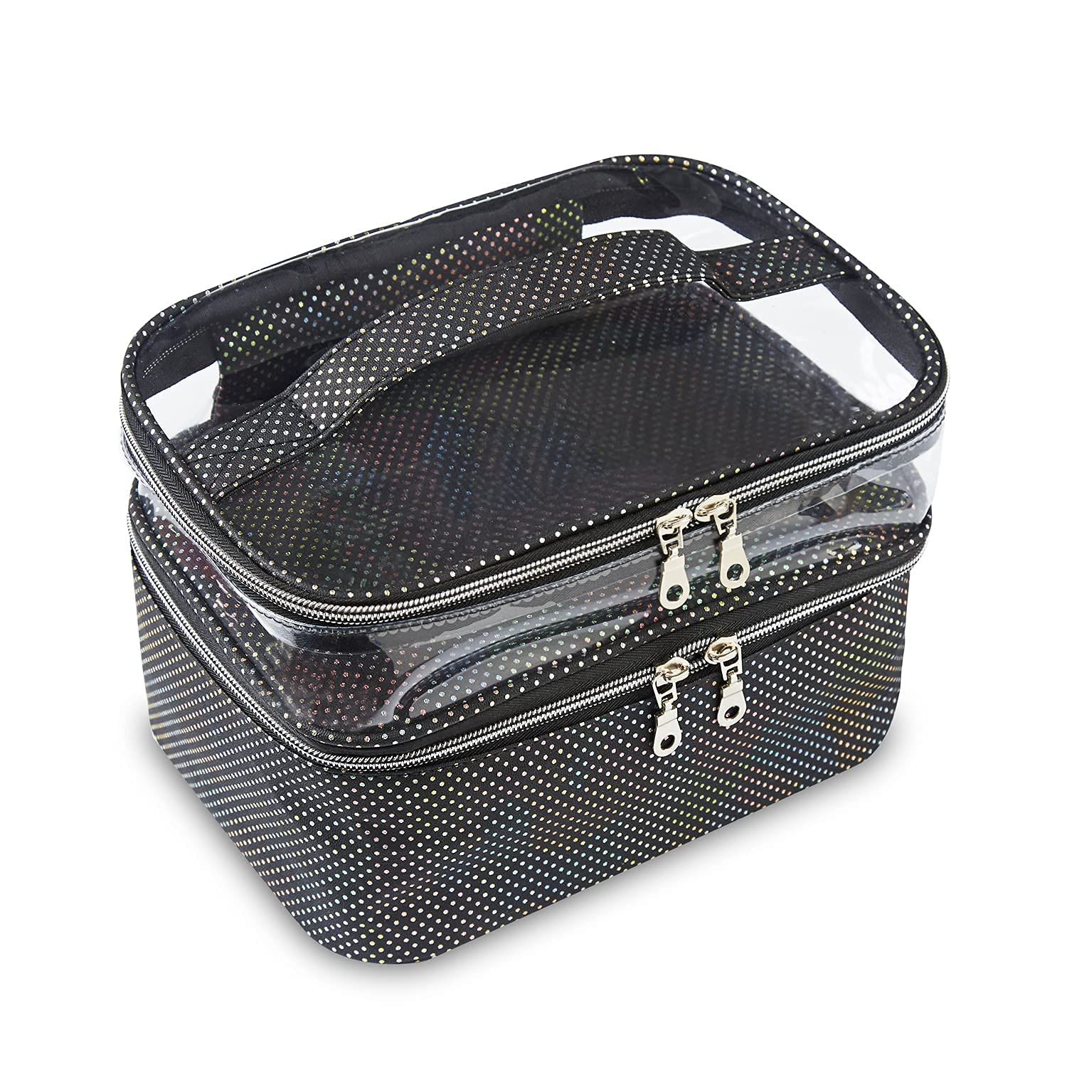 Double Layer Large Capacity Clear Waterproof Makeup Bag - Portable Cosmetic Storage Organizer for Travel, Gym & Daily Use (Black)