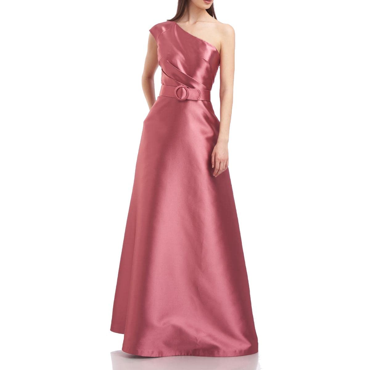 Kay Unger Estella Women's Satin One Shoulder A-Line Gown with Belted Waist - Elegant Formal Dress for Weddings, Prom, Evening Parties & Special Occasions