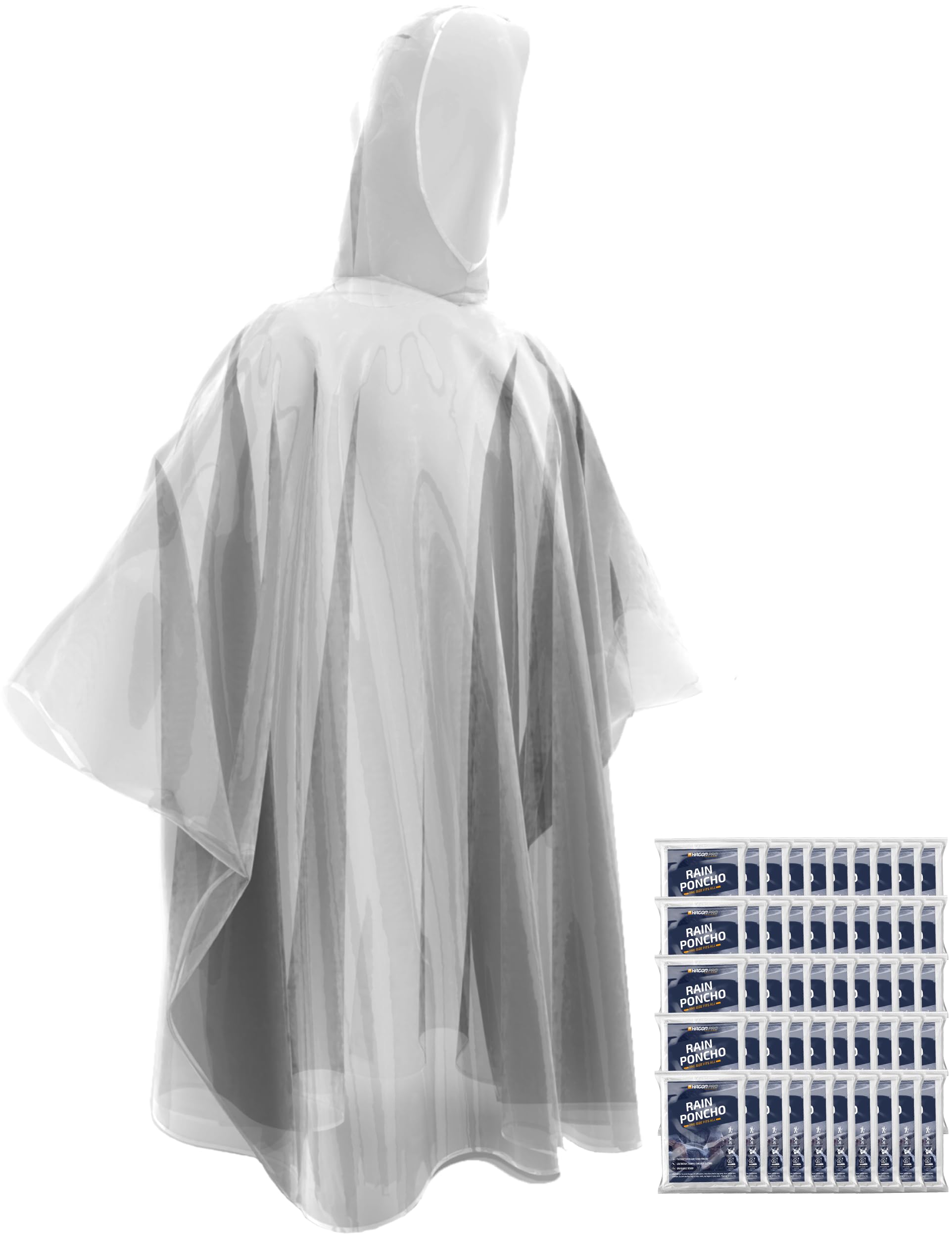 Hagon PRO Disposable Rain Poncho for Adults - 50 Pack Waterproof Emergency Rainwear for Outdoor Events, Camping, Hiking & Travel - Lightweight Reusable Rain Protection