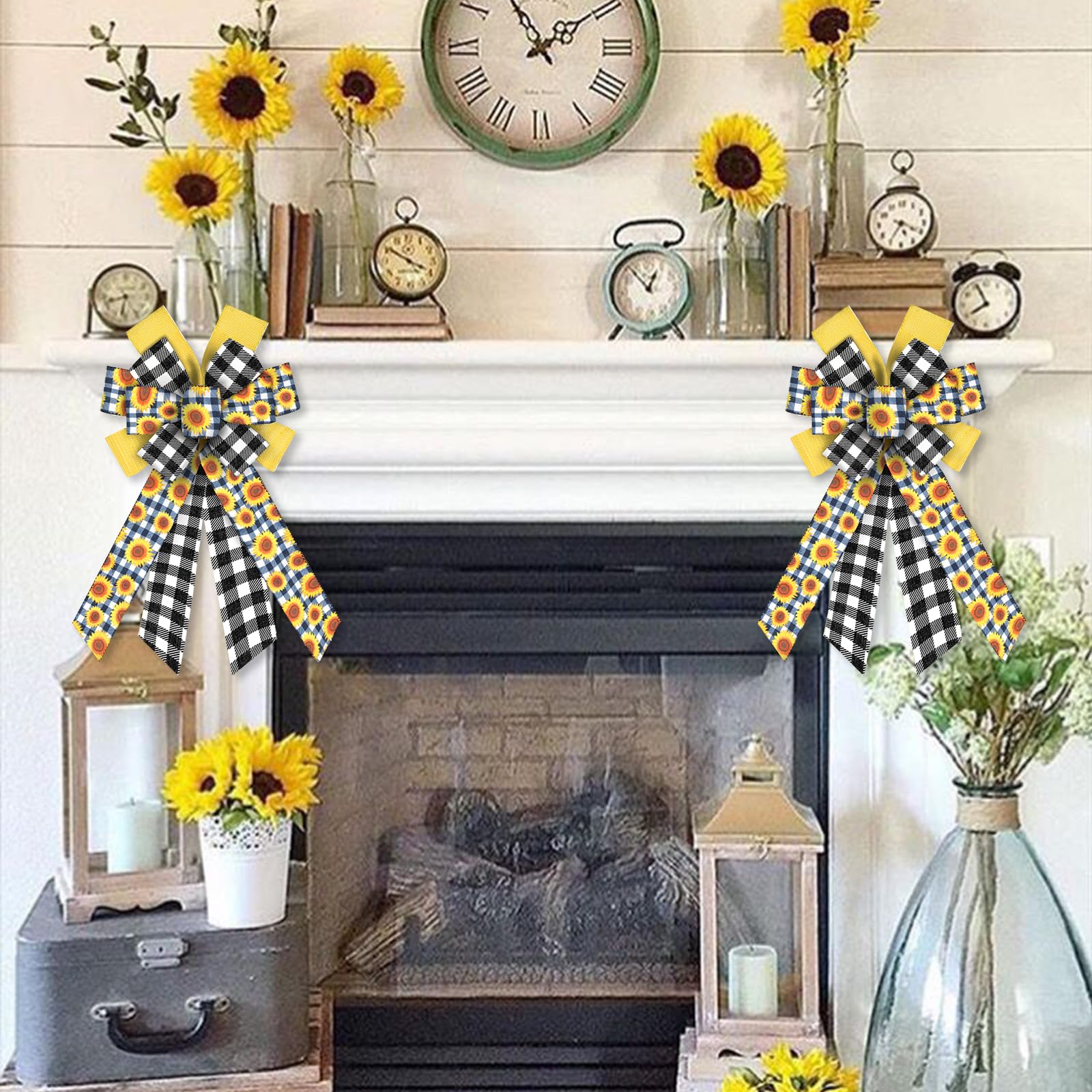 Large Sunflower Wreath Bows - Black White Buffalo Plaid for Farmhouse Door Decor