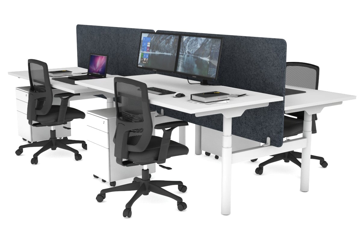 Flexi Premium Height Adjustable 4-Person H Bench Workstation - White Frame [1400L x 800W with Cable Management] - Ideal for Office, Coworking Spaces & Home Offices