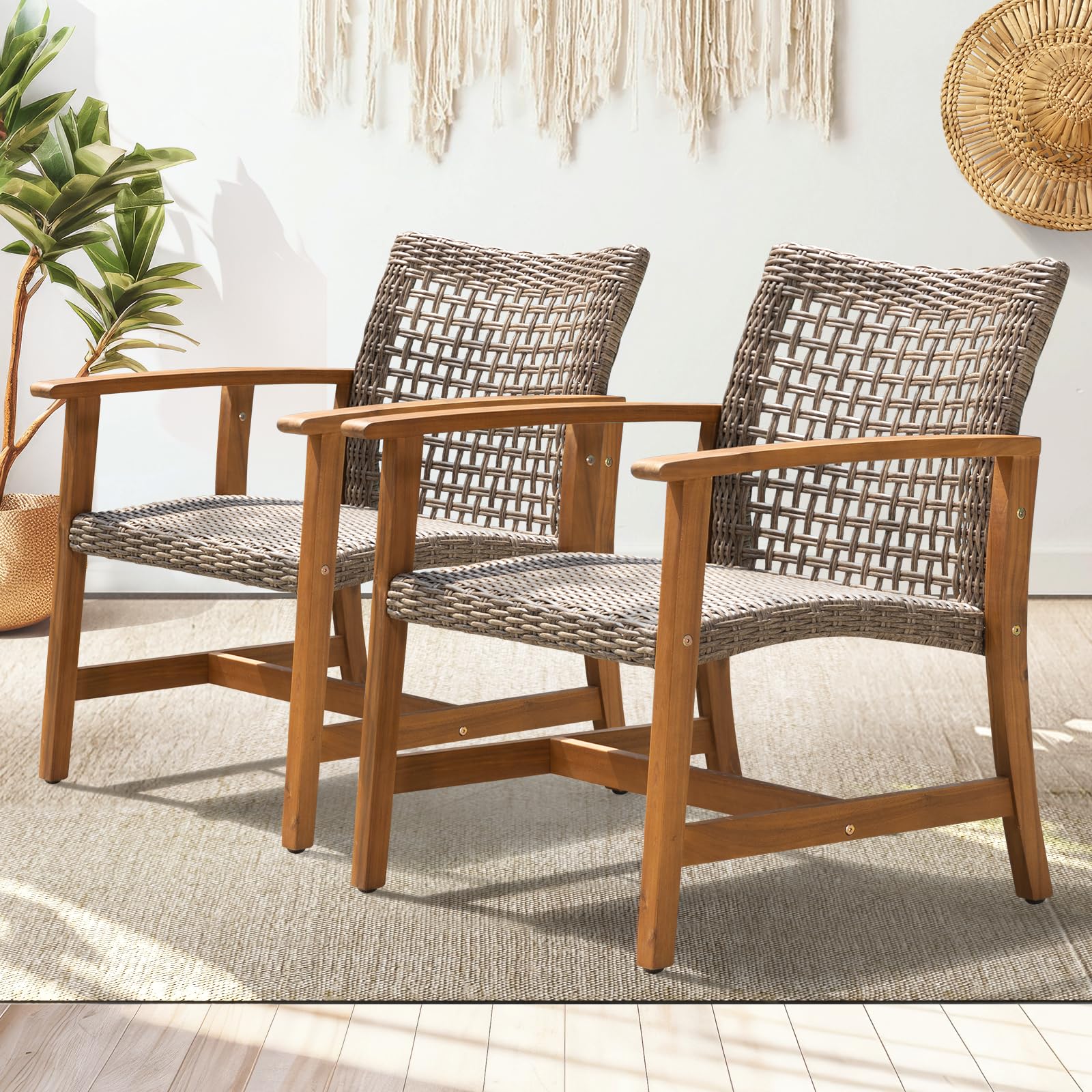 IDZO Liberte 2-Piece Accent Chair Set - 500lbs Weight Capacity, Solid Acacia Wood Frame with FSC-Certified Teak Finish, UV-Resistant Gray Wicker - Perfect for Outdoor Patio, Garden, Poolside & Backyard Relaxation