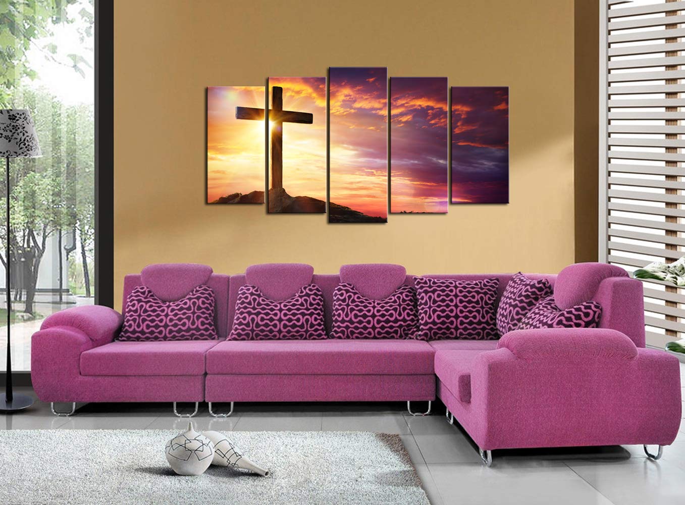 5 Large Christian Cross Sunset Canvas Prints - Framed Wall Art for Living Room, Home Decor, Ready to Hang | Religious Artwork, Bedroom & Office Decor