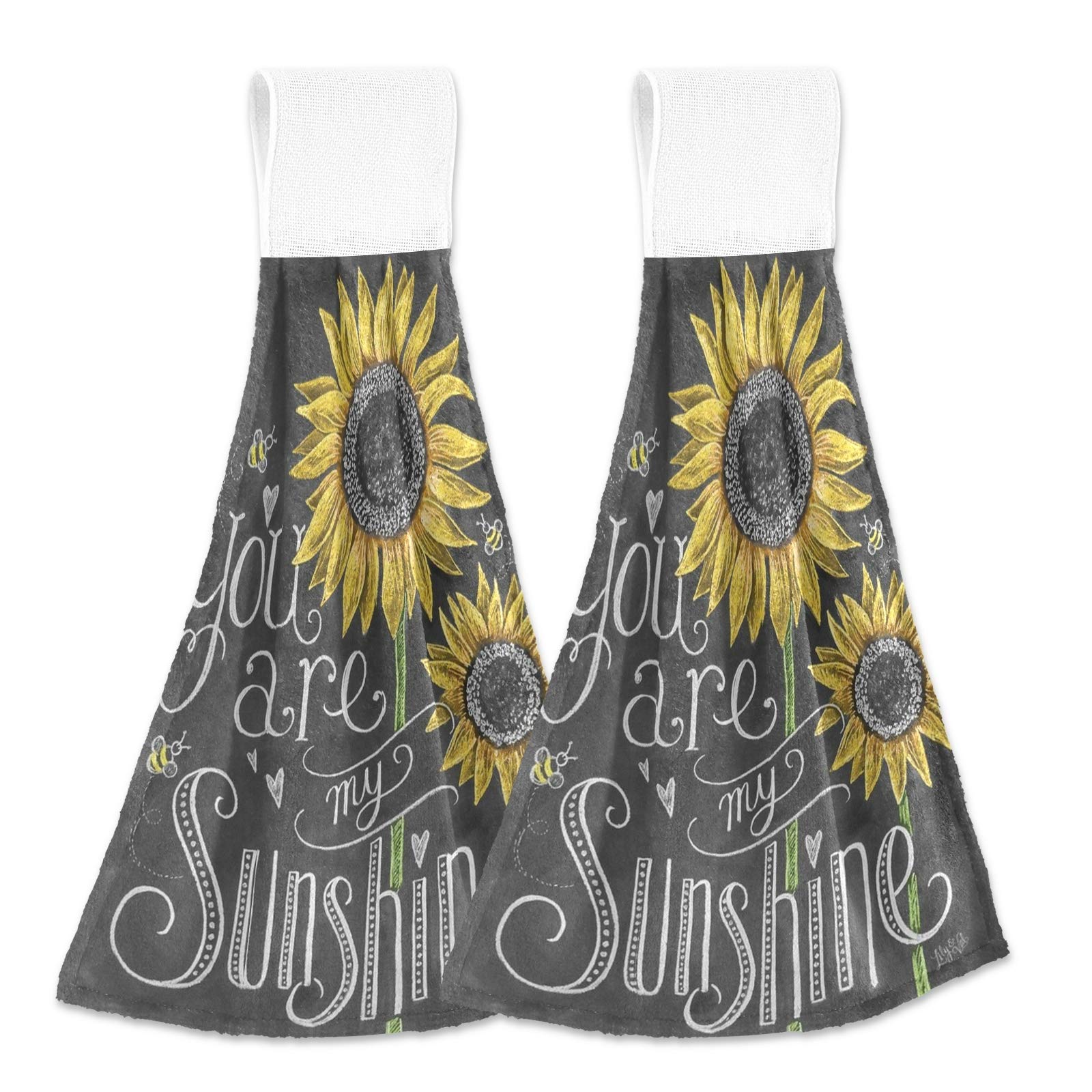 Retro Sunflower Hanging Kitchen Dish Cloth & Bathroom Hand Towels Set - 2 Pack, You Are My Sunshine Design, Perfect for Kitchen, Bathroom, and Outdoor Use
