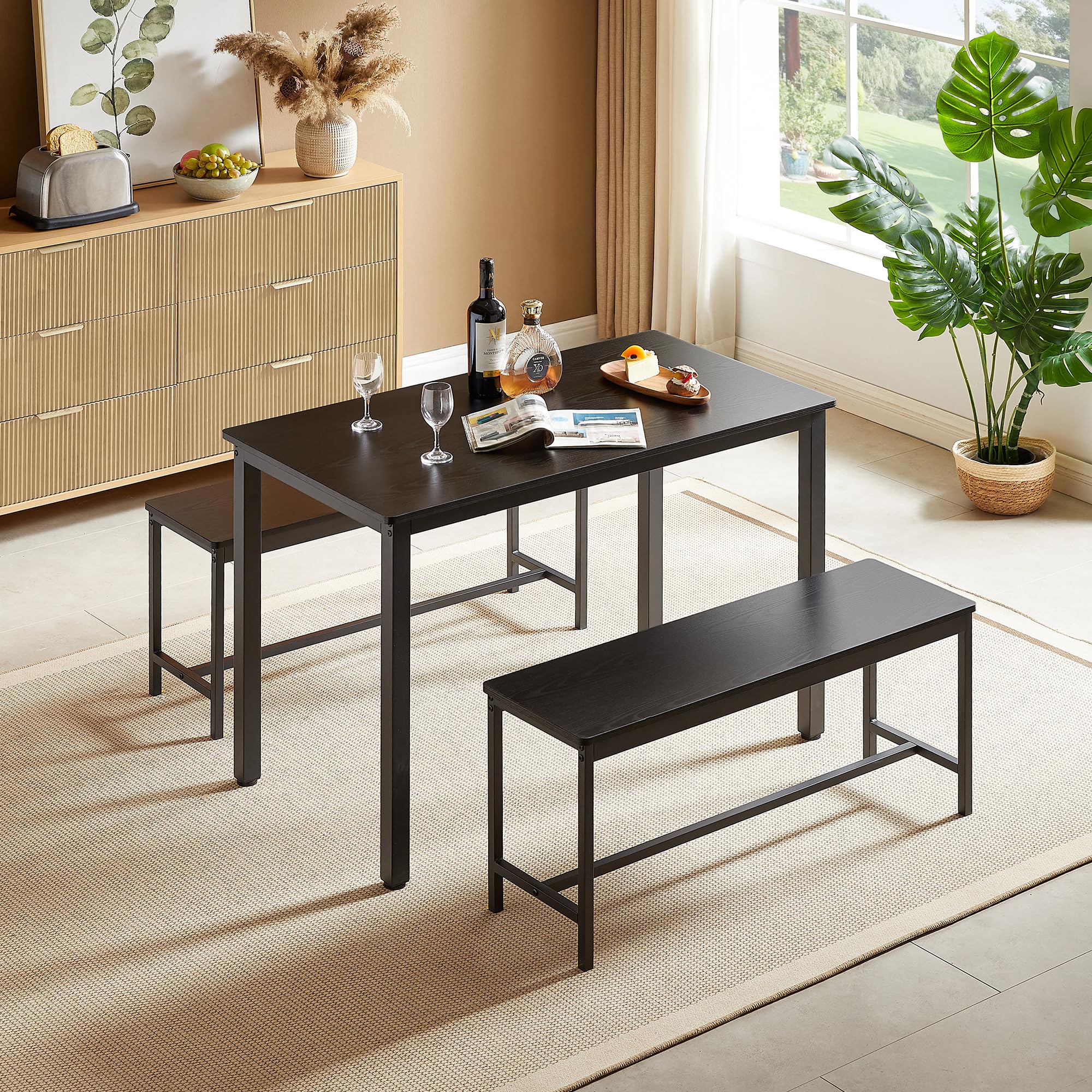 JULYFOX 3-Piece Modern Dining Room Set with Bench - Rectangular Table & Chairs for 4, Metal & Wood Kitchen Furniture for Small Spaces in Black | Perfect for Apartments, Breakfast Nooks & Cozy Dining Areas