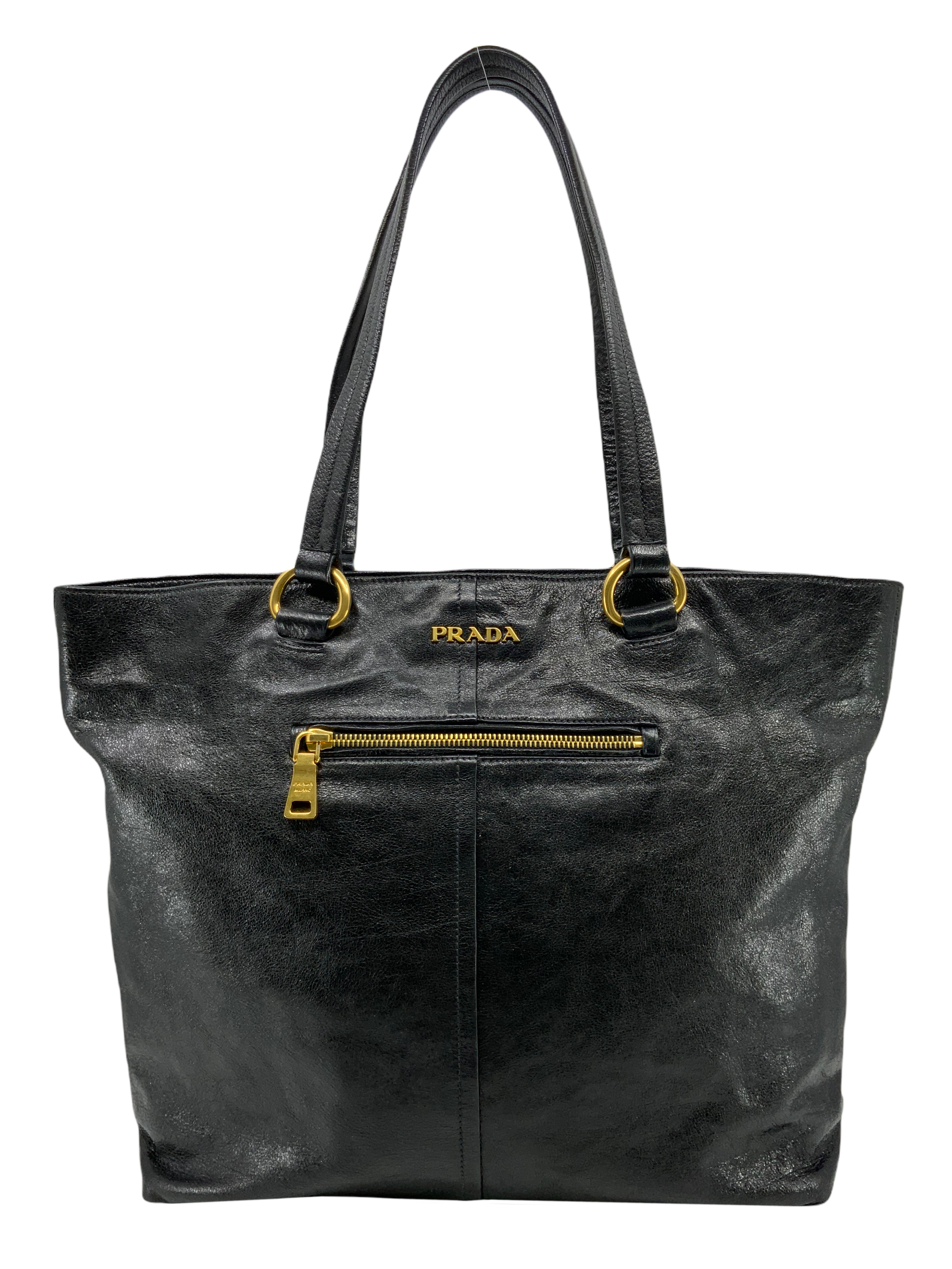 Prada Glazed Leather Front Zip Tote Bag for Women - Luxury Designer Handbag for Work, Travel & Everyday Use