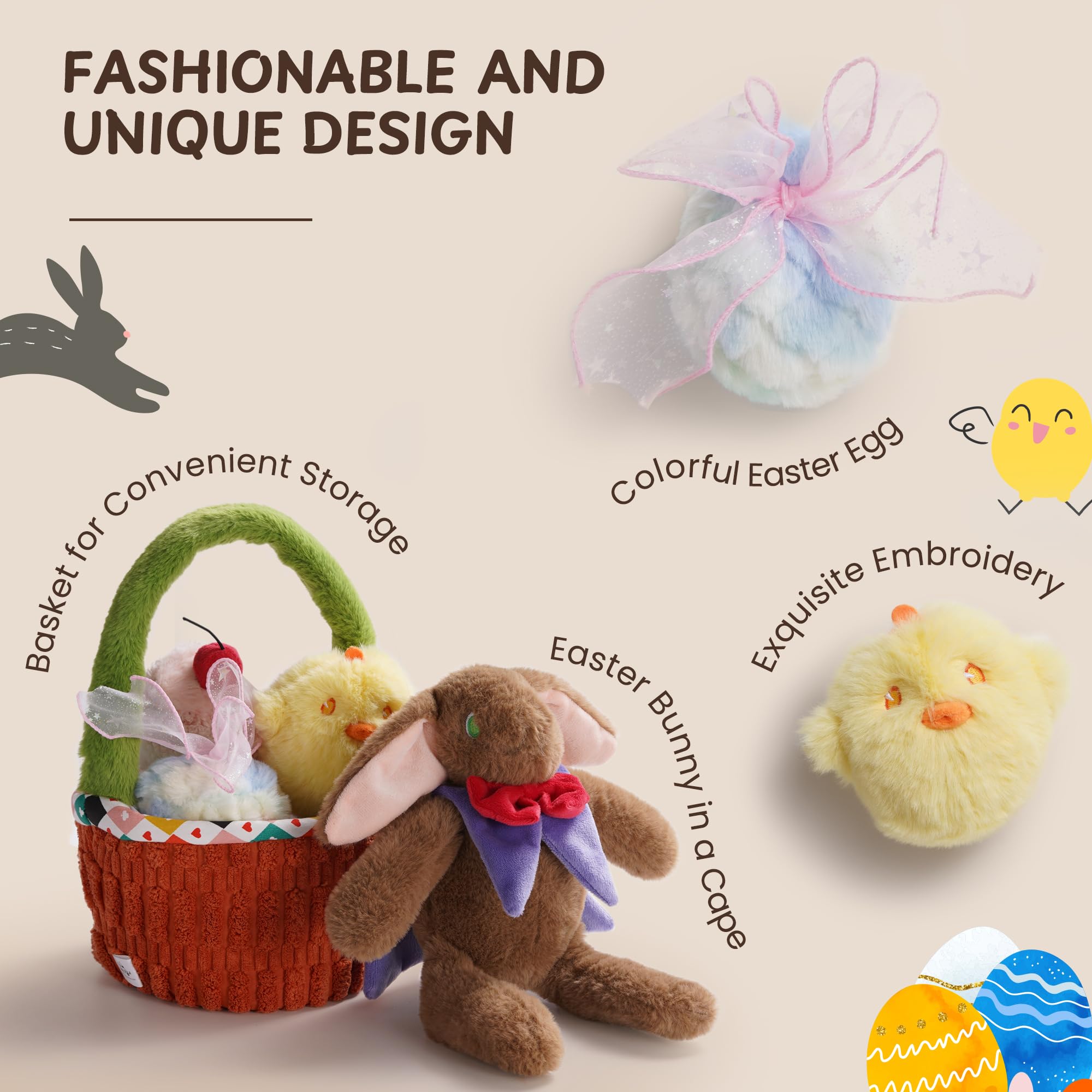 5 Pack Easter Dog Toys with Basket - Durable Plush Squeaky Toys for Small Medium Large Dogs (Rabbit, Chick, Egg & Cake Design) - Perfect for Easter Gifts & Puppy Playtime