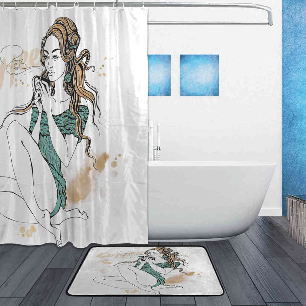 2Pcs Waterproof Bathroom Shower Curtain Set - Stylish Coffee Cup Design with Matching Bath Mat & 12 Hooks, 72x72 Inch for Home Decor - Perfect for Modern Bathrooms, Apartments, and Spa-Style Showers