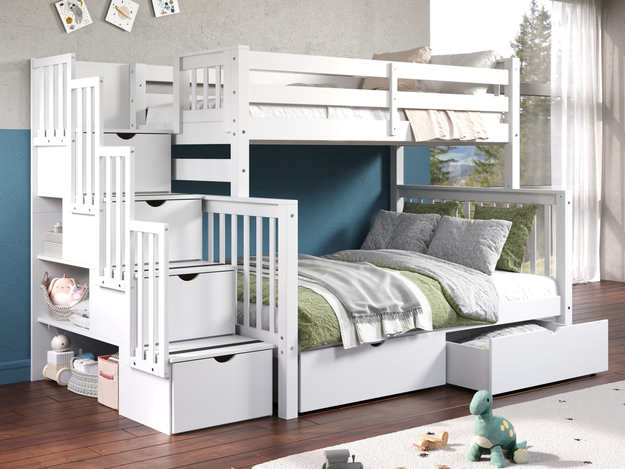 White Twin Over Full Bunk Bed with Stairway & 2 Drawers - Space-Saving Kids Bedroom Furniture for Small Rooms & Shared Sibling Spaces