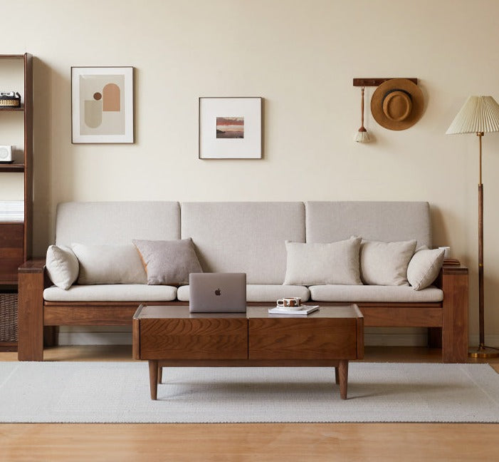 Premium Black Walnut Solid Wood Fabric Sofa - Modern Nordic Style 2-in-1 Convertible Sofa Bed for Living Room & Guest Room | Durable & Stylish Home Furniture