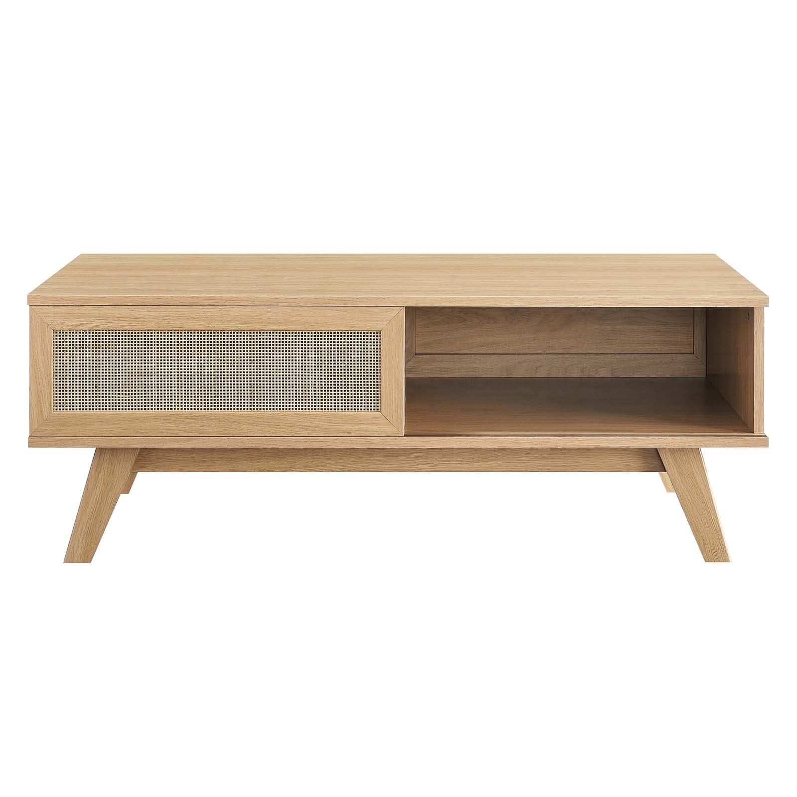Modway Soma Modern Rattan Coffee Table - 43 Inch Oak Wood Round Accent Table for Living Room, Patio & Outdoor Decor