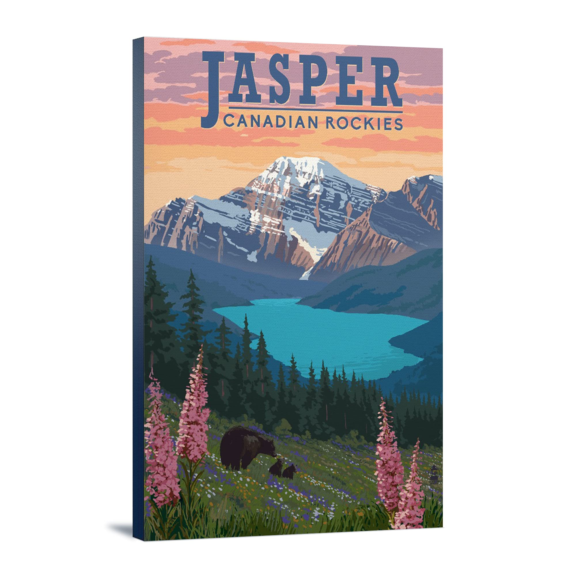 Lantern Press Jasper Canada Bear and Spring Flowers 12x18 Wrapped Canvas Wall Art - Perfect for Living Room, Bedroom, and Office Decor