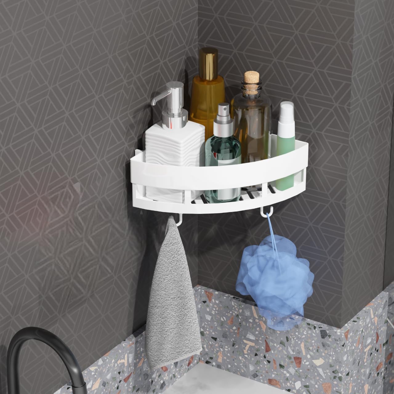 QXORE No-Drill Plastic Bathroom Shelf & Cabinet - Space-Saving Corner Storage Organizer for Bathroom & Kitchen Accessories (White, 1-Pack) - Perfect for Small Spaces, Apartments & Rental Homes