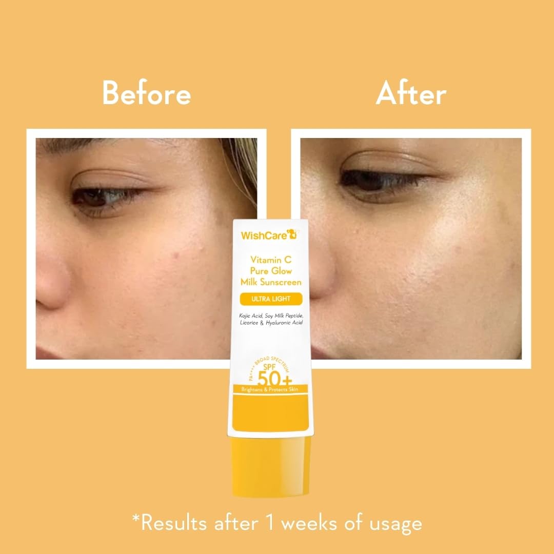 WishCare Vitamin C Pure Glow Milk Sunscreen SPF 50 PA++++ - Broad Spectrum Lightweight Sunscreen for Dry & Oily Skin (50g) | Daily UV Protection for Face & Body | Perfect for Outdoor Activities, Beach & Travel