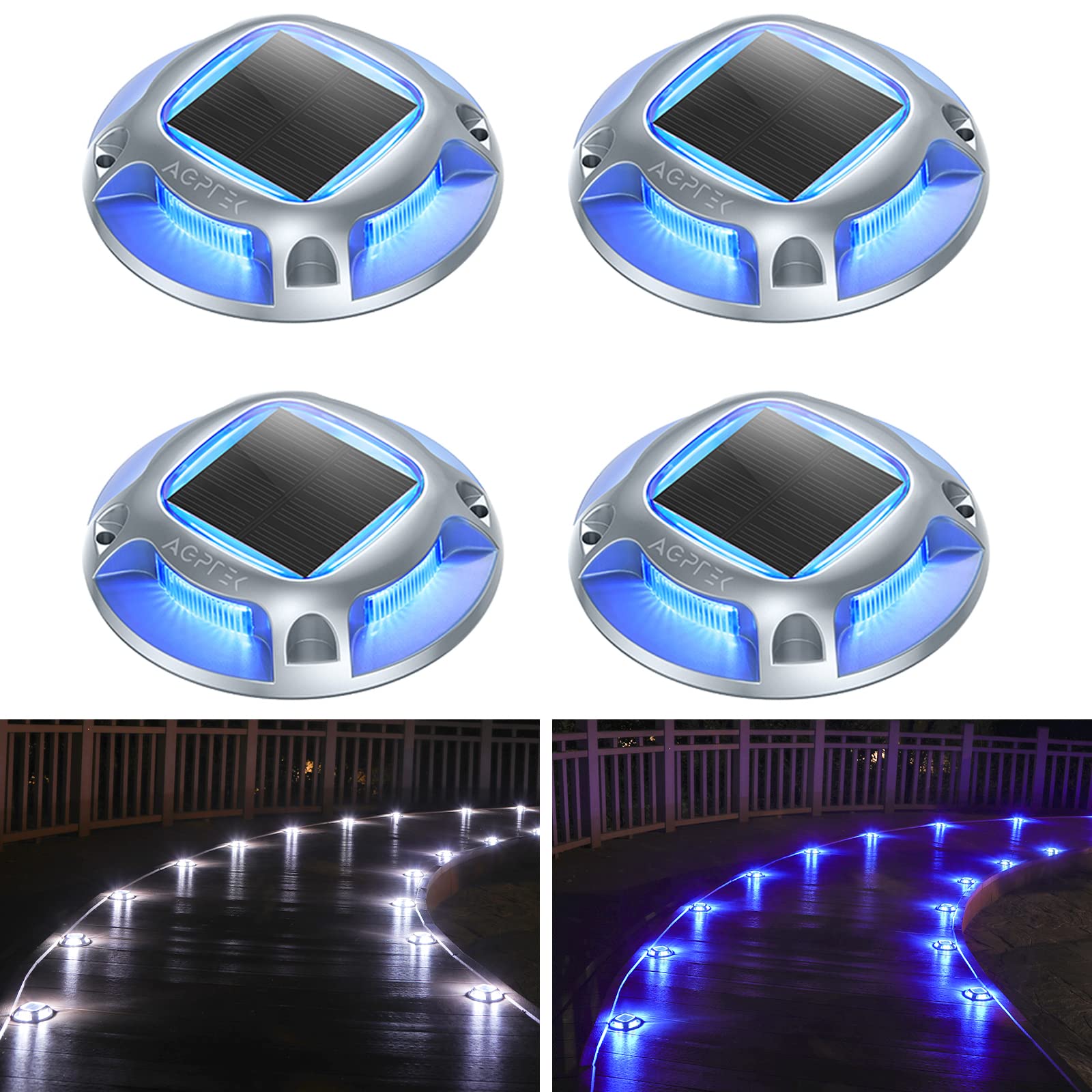 AGPTEK 4 Pack Solar Driveway Lights - Waterproof Outdoor LED Solar Deck Lights with 2 Color Modes (Blue & Cool White) for Pathway, Yard, Steps, Dock & Marine Use - Perfect for Nighttime Safety & Landscape Lighting