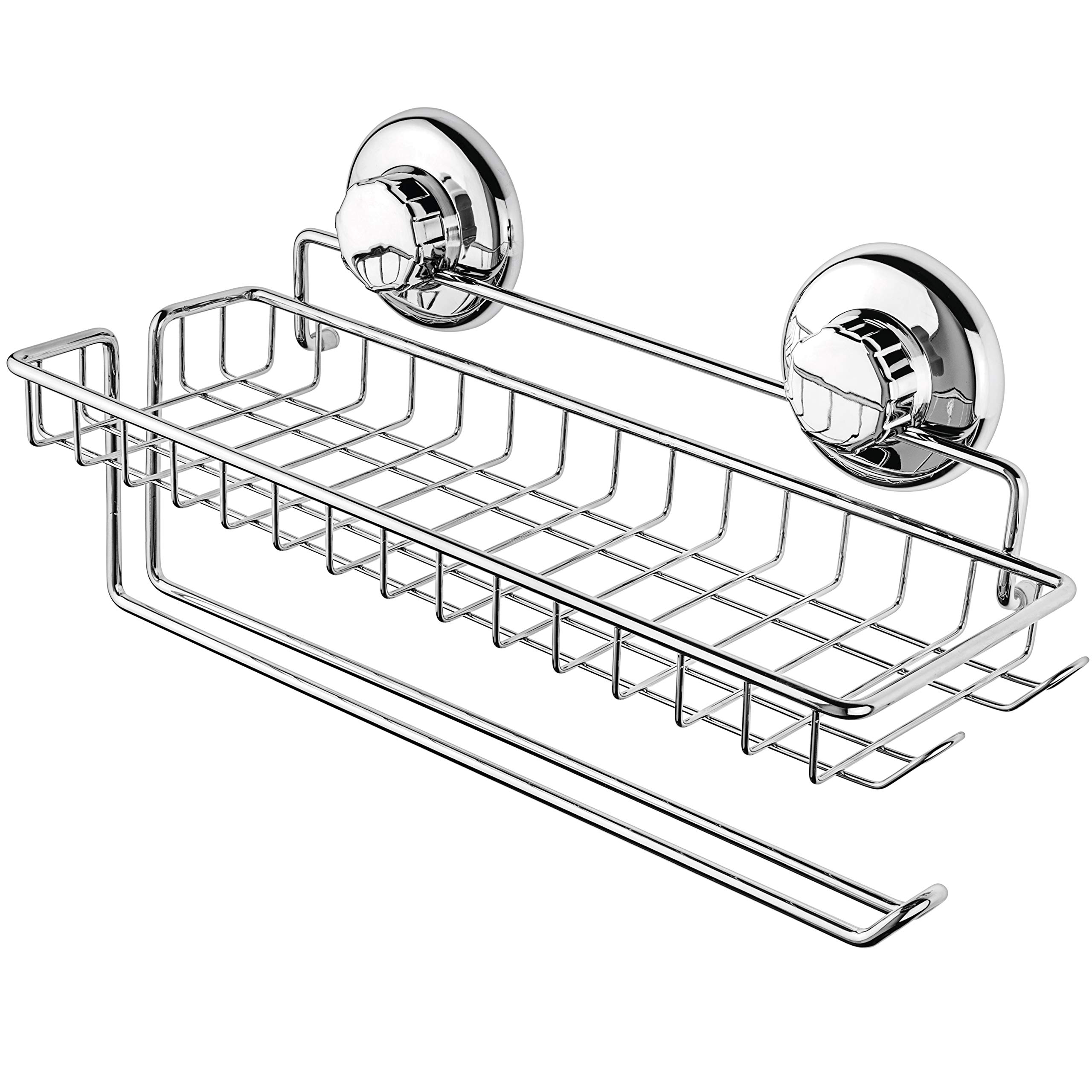 Stainless Steel Wall Mount Paper Towel Holder with Shelf & Hooks - SUS 304 Metal Organizer for Kitchen, Bathroom - Chrome Tissue Roll Hanger - Space Saving Storage Solution for Small Spaces & RVs