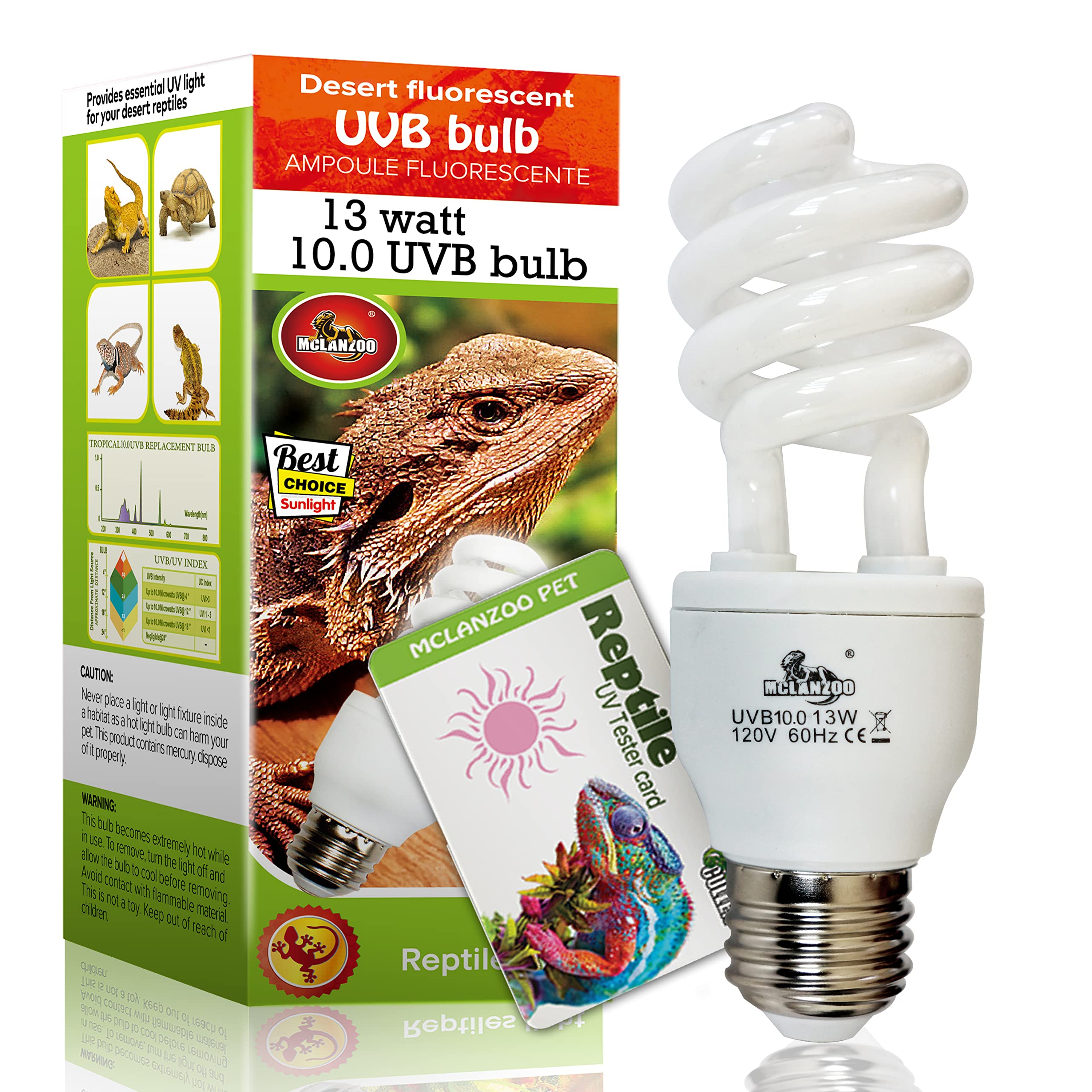 10.0 UVB Reptile Light Bulb 13W - UVA/UVB Desert Lamp for Bearded Dragons, Turtles, Snakes, Geckos & Lizards - Compact Fluorescent Terrarium Lighting with Free UV Tester Card - Ideal for Desert Habitat Reptile Tanks & Vivariums