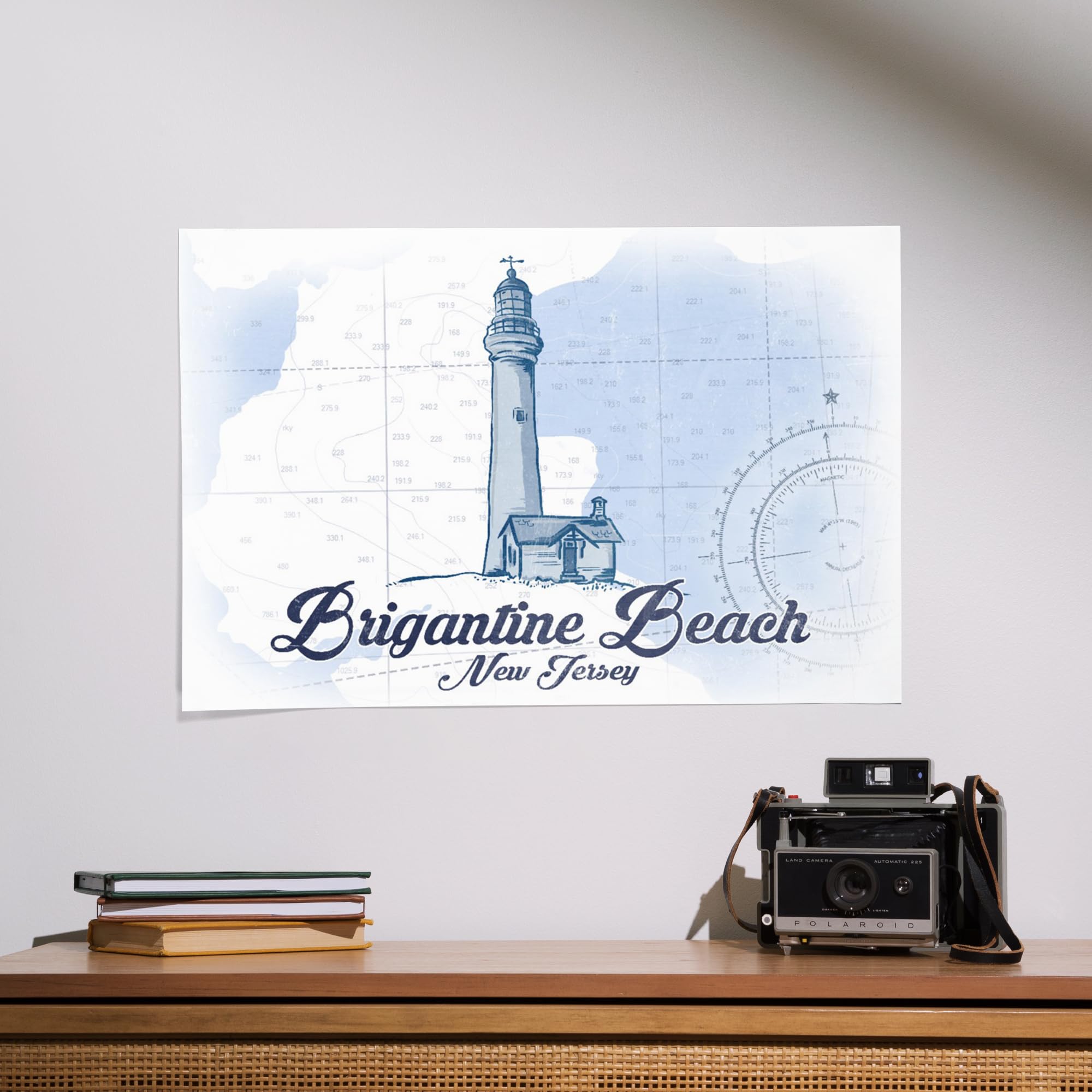 Lantern Press 16x24 Inch Giclee Art Print - Brigantine Beach New Jersey Coastal Scene with Blue Beach Chairs & Umbrella | Wall Decor for Living Room, Bedroom or Office | Coastal Home Decor & Beach House Art