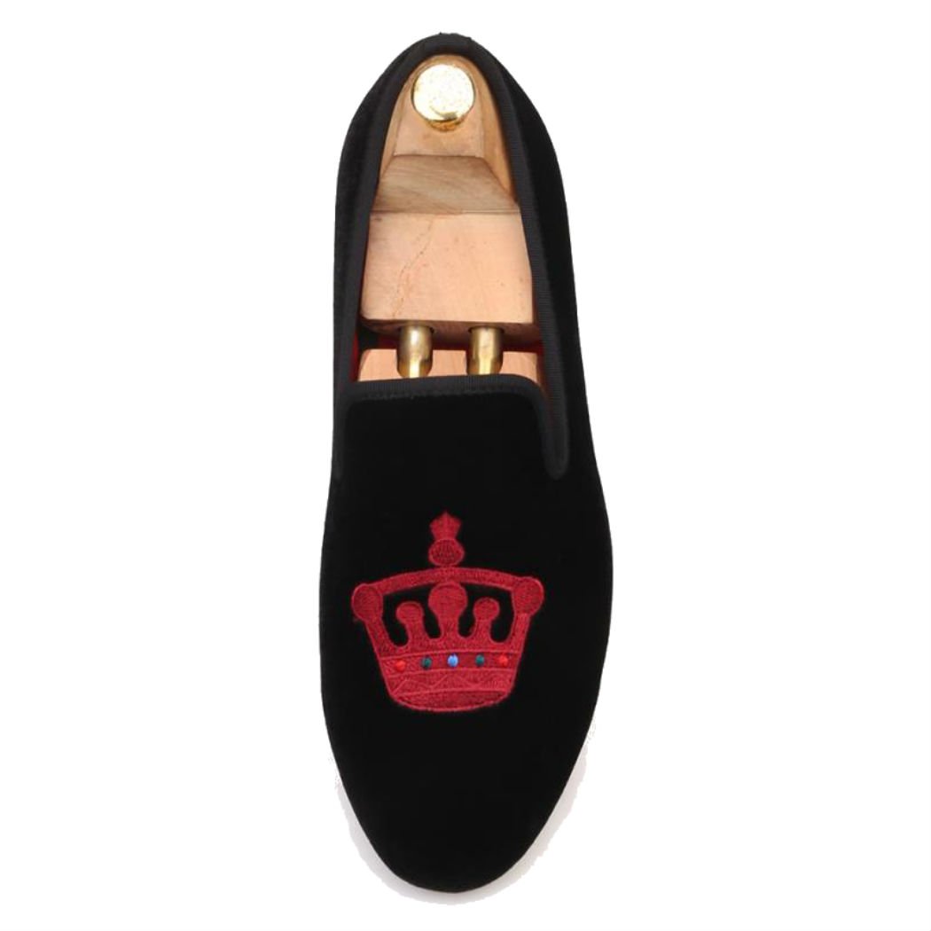FERUCCI Handmade Men's Black Velvet Loafers with Burgundy Crown - Luxurious Velvet Slippers for Men - Perfect for Home, Lounge & Special Occasions