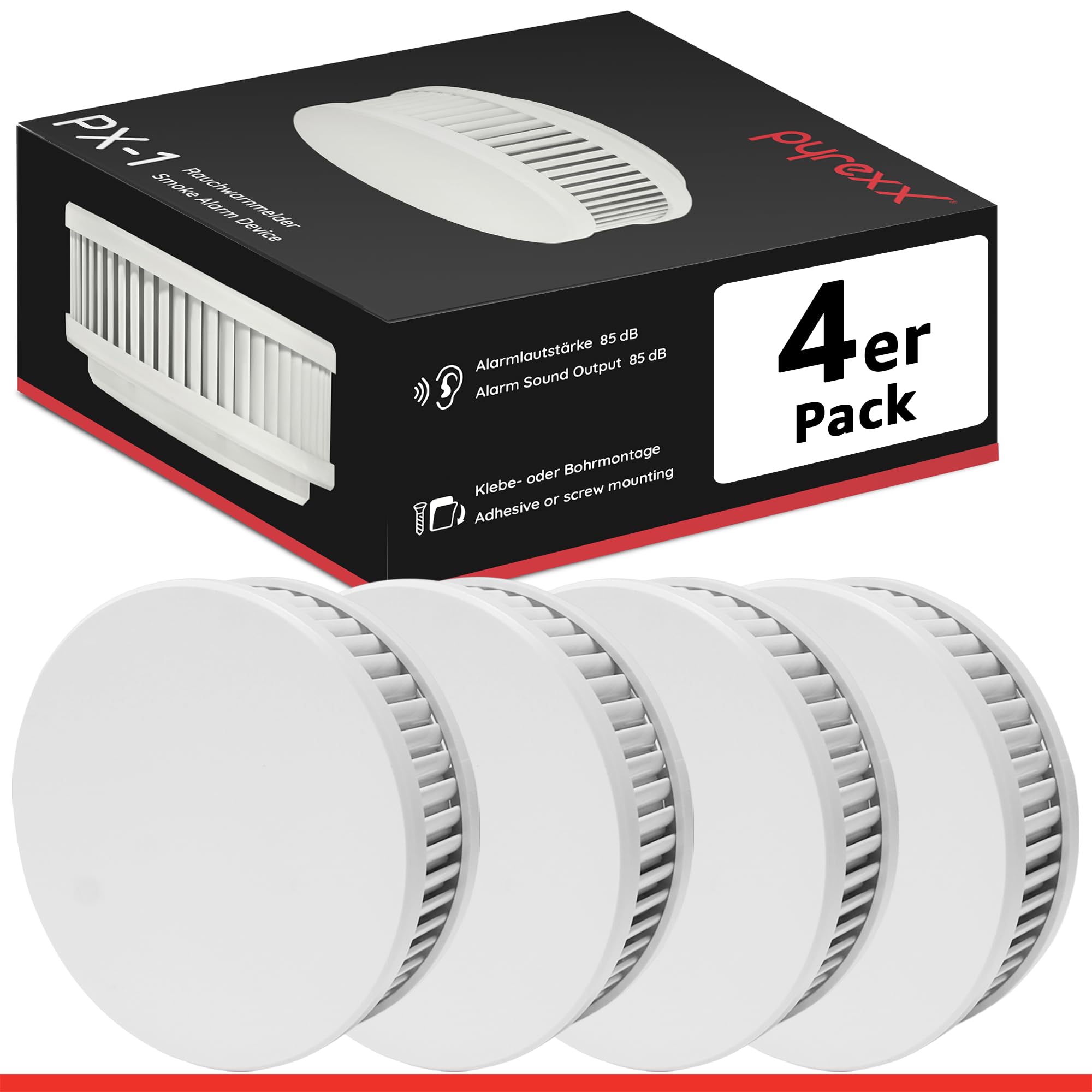 Pyrexx PX-1 Smoke Detector Alarm - 4 Pack with 10-Year Battery Life, No-Drill Magnetic Mount & LED Indicator - Q-Label Certified White - Ideal for Home, Office & Apartment Safety Protection