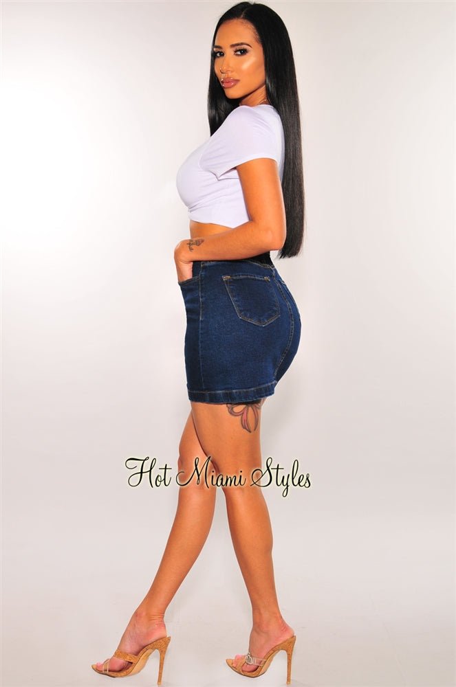 Dark Denim Rose Gold Button Up Skirt for Women - Stylish High Waist A-Line Mini Skirt with Pockets - Perfect for Casual Outfits, Date Nights & Office Wear