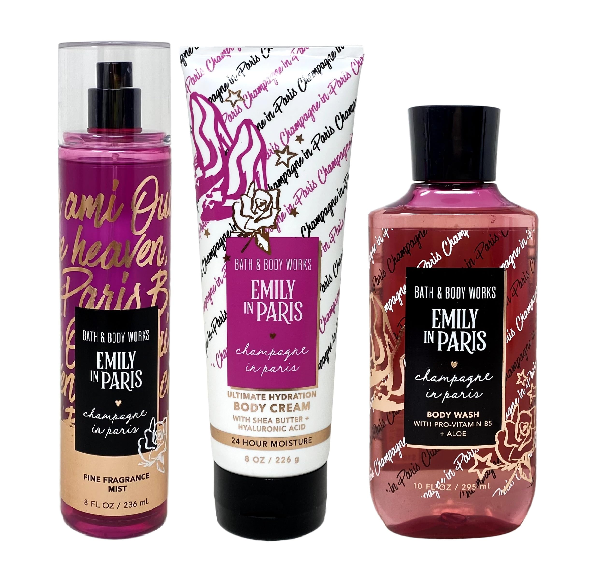 Emily in Paris 3-Piece Gift Set - Champagne Scented Fragrance Mist, Body Cream & Body Wash (Full Size) | Luxury Bath & Body Collection for Women | Perfect for Gifts, Self-Care & Paris-Themed Parties