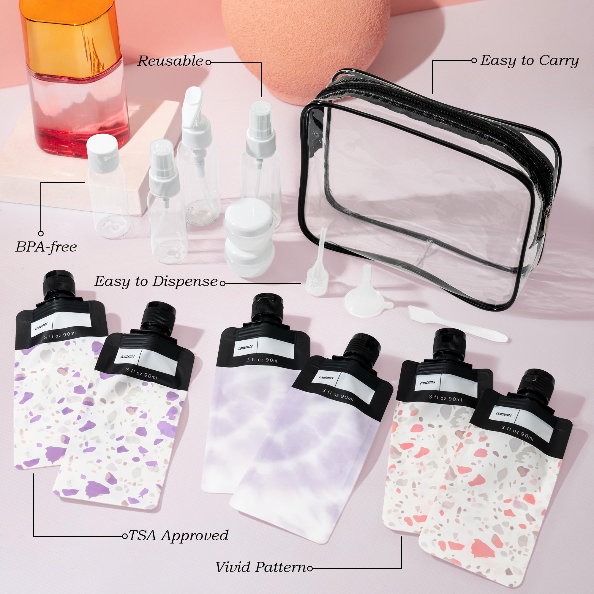 Y1tvei 16Pcs Pink Travel Bottles Kit - Leakproof Refillable Squeeze Pouches & Spray Bottles, TSA Approved Cosmetic Containers for Shampoo, Lotion & Toiletries | Perfect for Air Travel, Gym & Vacation Essentials