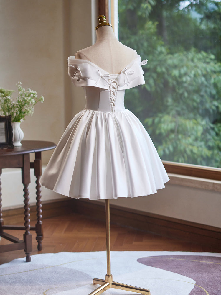 Elegant Off Shoulder A-Line Satin White Short Prom Dress with Butterfly Applique - Perfect for Homecoming, Cocktail Parties & Special Occasions