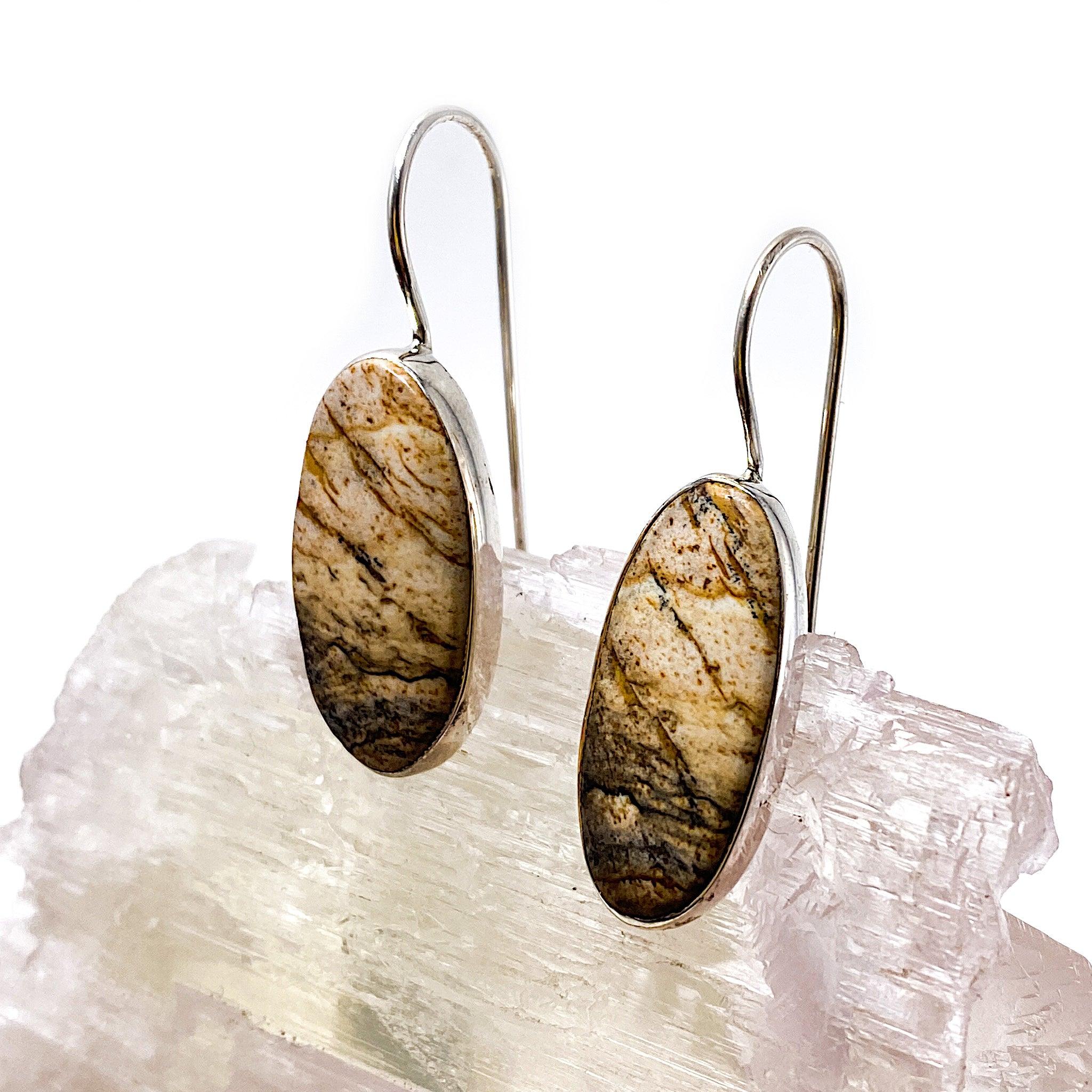 Natural Picture Jasper Oval Cabochon Earrings for Women - Handmade Gemstone Jewelry (KEGJ531) - Perfect for Boho Style, Gift Giving & Everyday Wear
