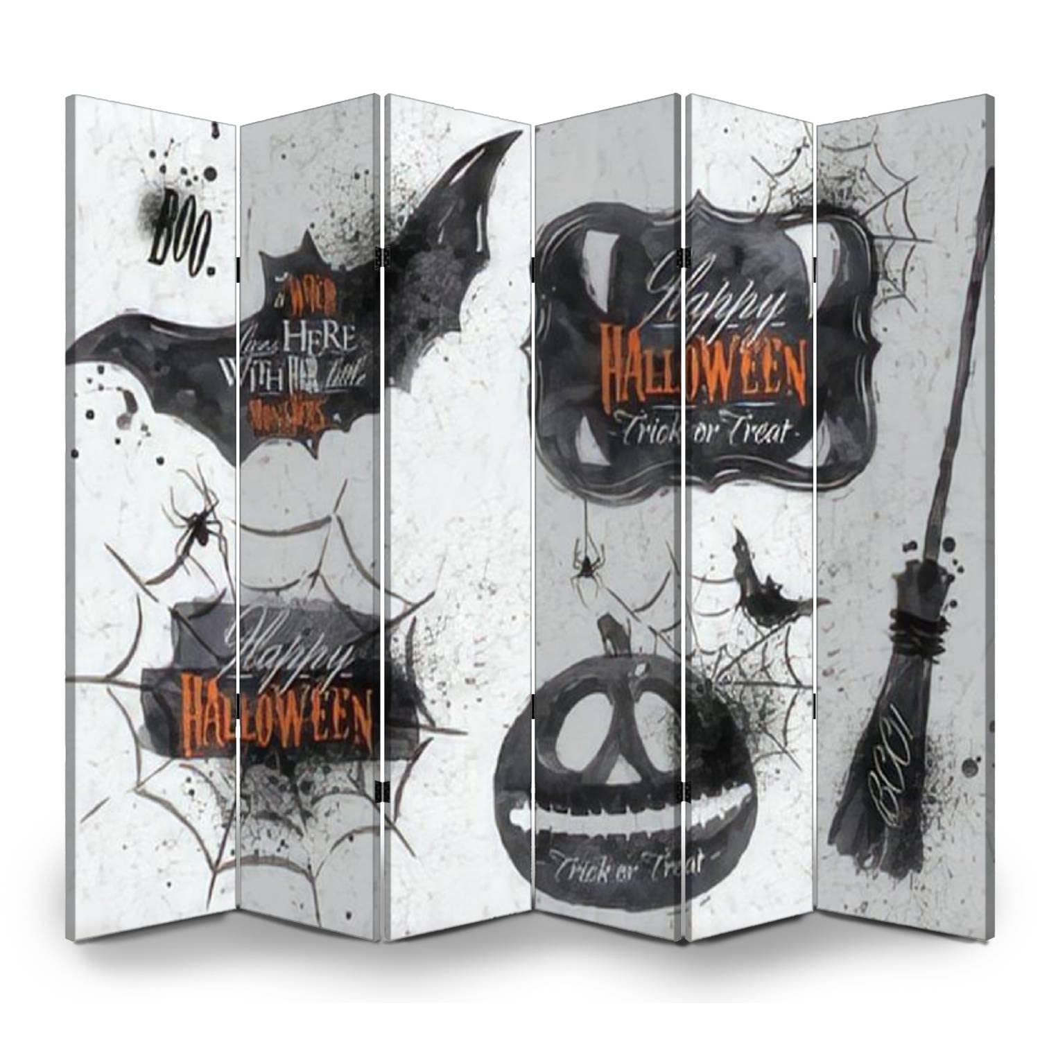 6 Panel Halloween Office Folding Screen with Pumpkin, Broom, Bat & Spider Web Designs - Canvas Privacy Partition Room Divider for Home, Office, Bathroom - Perfect for Halloween Decor & Workspace Separation