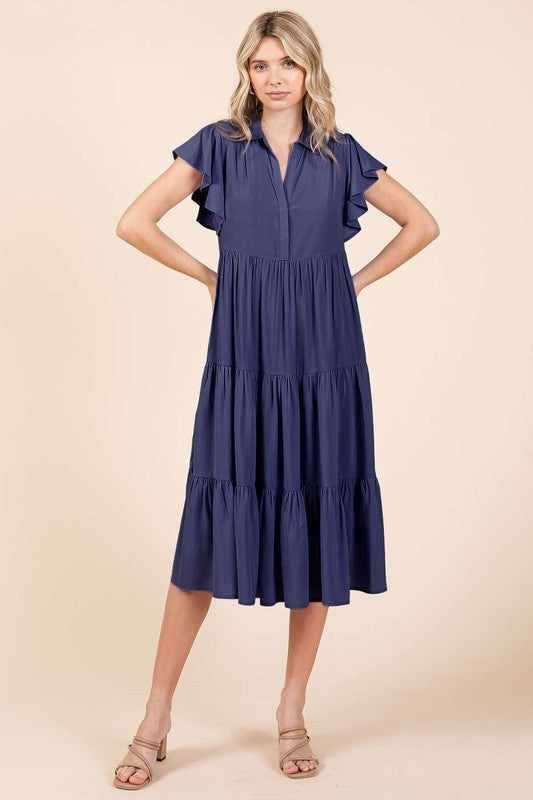 Mittoshop Women's Ruffle Sleeve Collared V-Neck Tiered Midi Dress - Elegant Flowy Summer Dress for Parties, Weddings & Date Nights