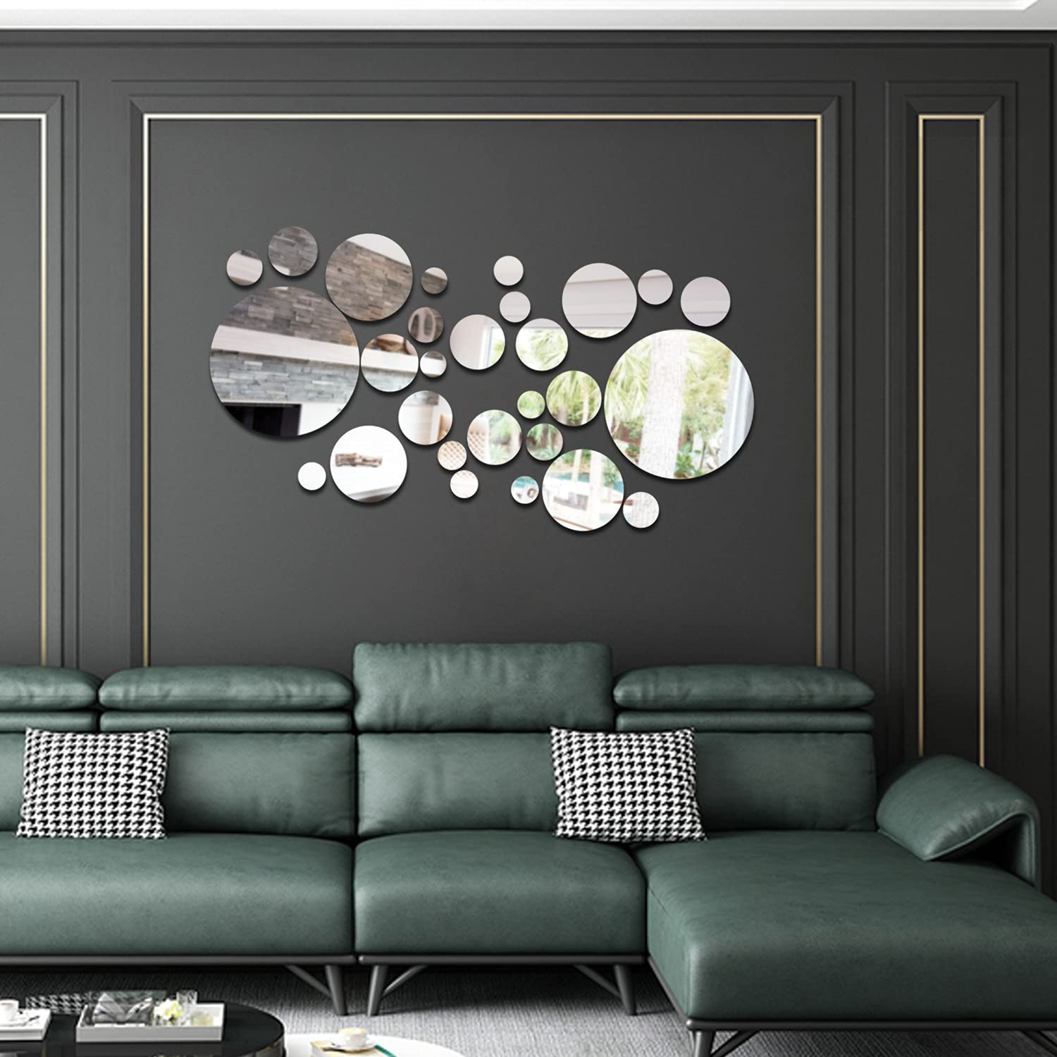 KIMOBER 34PCS Round Silver Acrylic Mirror Wall Stickers - Removable DIY Self-Adhesive Mirror Decals for Home Decor, Bedroom, Bathroom & Living Room Wall Art