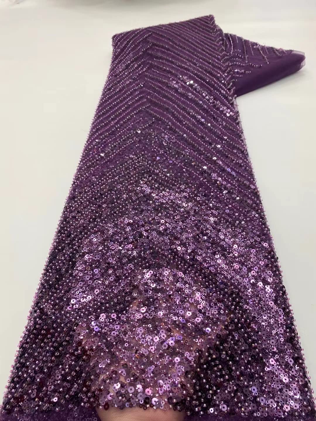 MARHAFABRIC Swiss Purple Sequin Luxury Beaded Lace Fabric - 5 Yards Handmade African Sequins Material for Evening Party Dresses, Bridal Wedding Gowns & Prom Attire - Perfect for Special Occasions & Formal Events