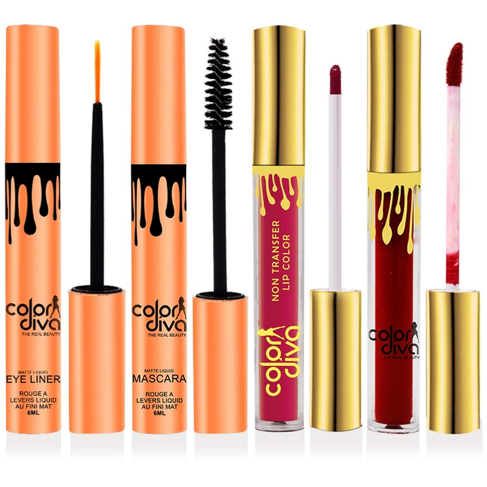 Waterproof Eyeliner, Mascara, Sindoor & Liquid Lipstick Set - 4 Piece Long Lasting Makeup Kit (6ml Each) | Perfect for Parties, Weddings & Daily Wear