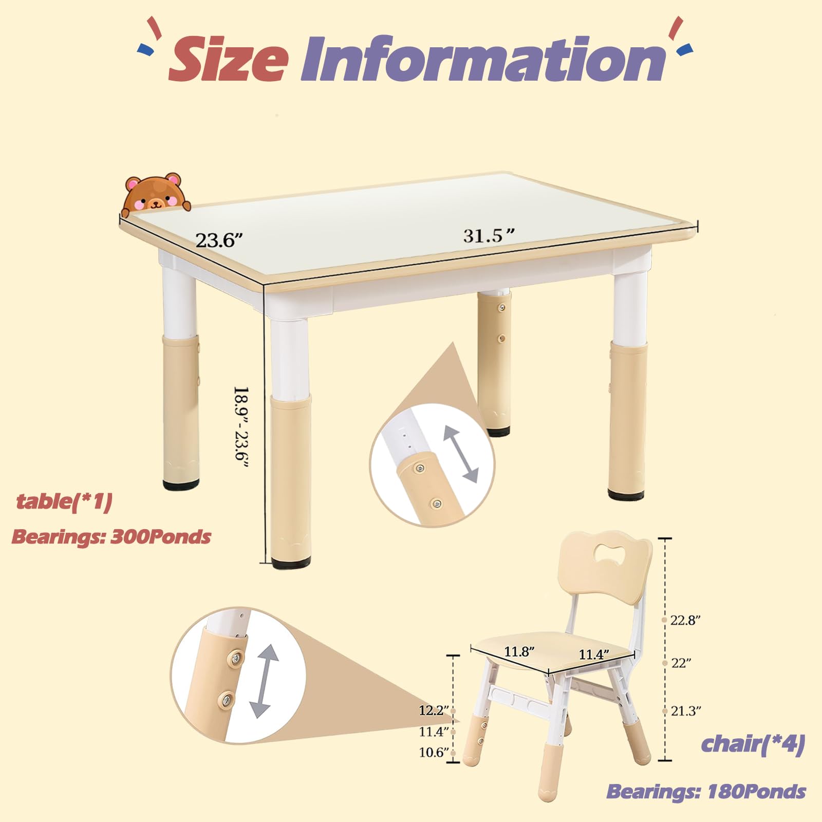 Adjustable Kids Table and Chair Set for Toddlers Ages 3+ - 31.5
