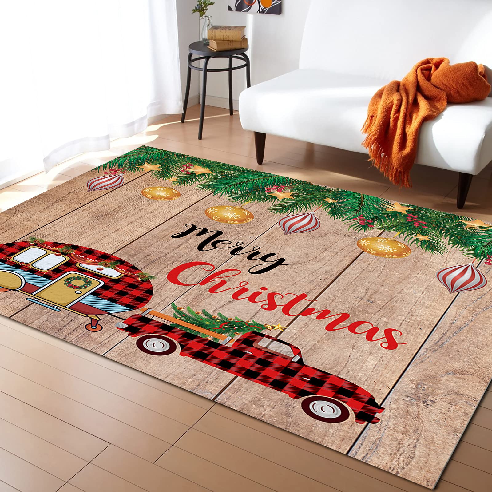 Savannan Rectangle Indoor Area Rugs - Christmas Camper Truck with Pine Tree Design, Rustic Wooden Non-Slip Accent Rug 5'x8' for Living Room, Bedroom, Office, Nursery - Perfect for Holiday Decor & Cozy Home Atmosphere