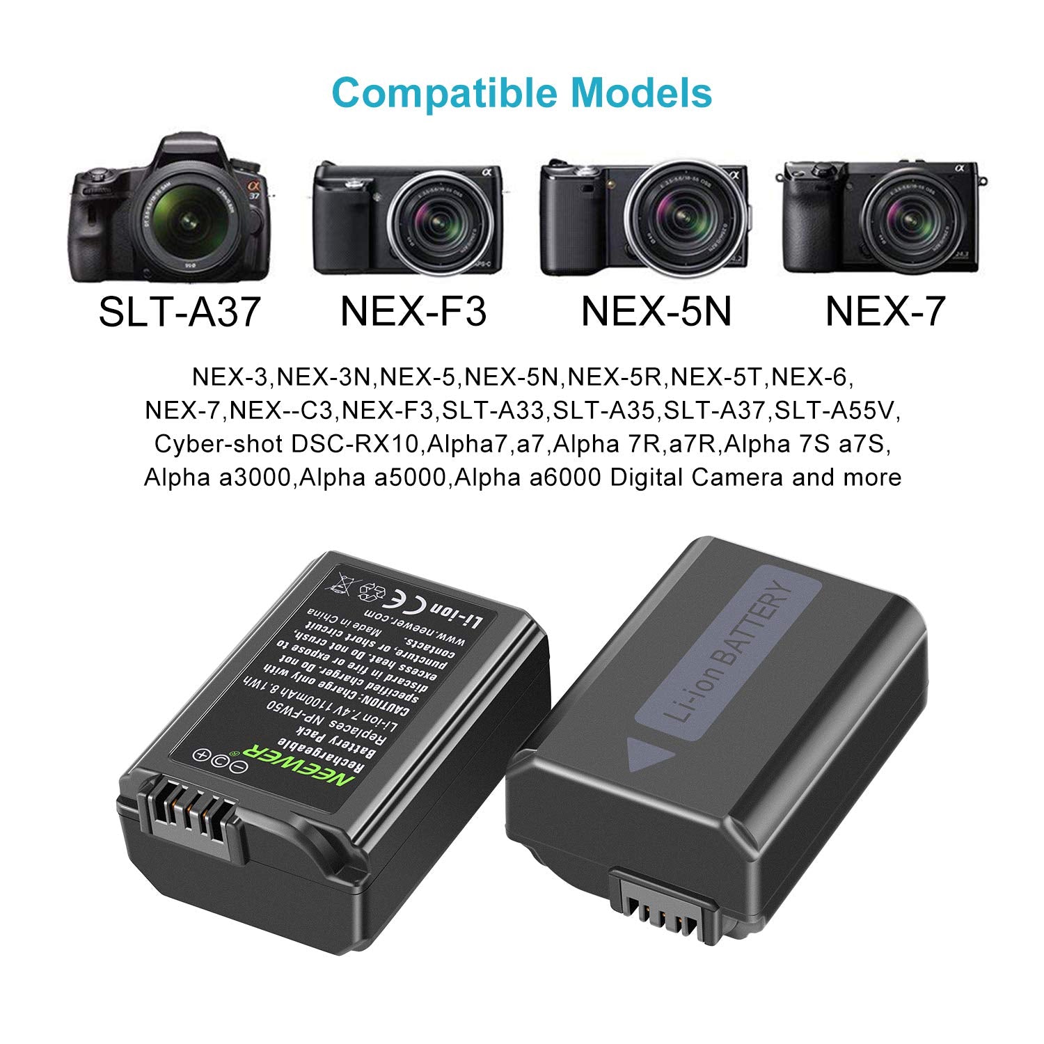 NEEWER NP-FW50 Camera Battery Charger Set for Sony A7, A7R, A7S, A5100, A6000 - Dual USB Charger with 2 Batteries - Perfect for Travel & Professional Photography