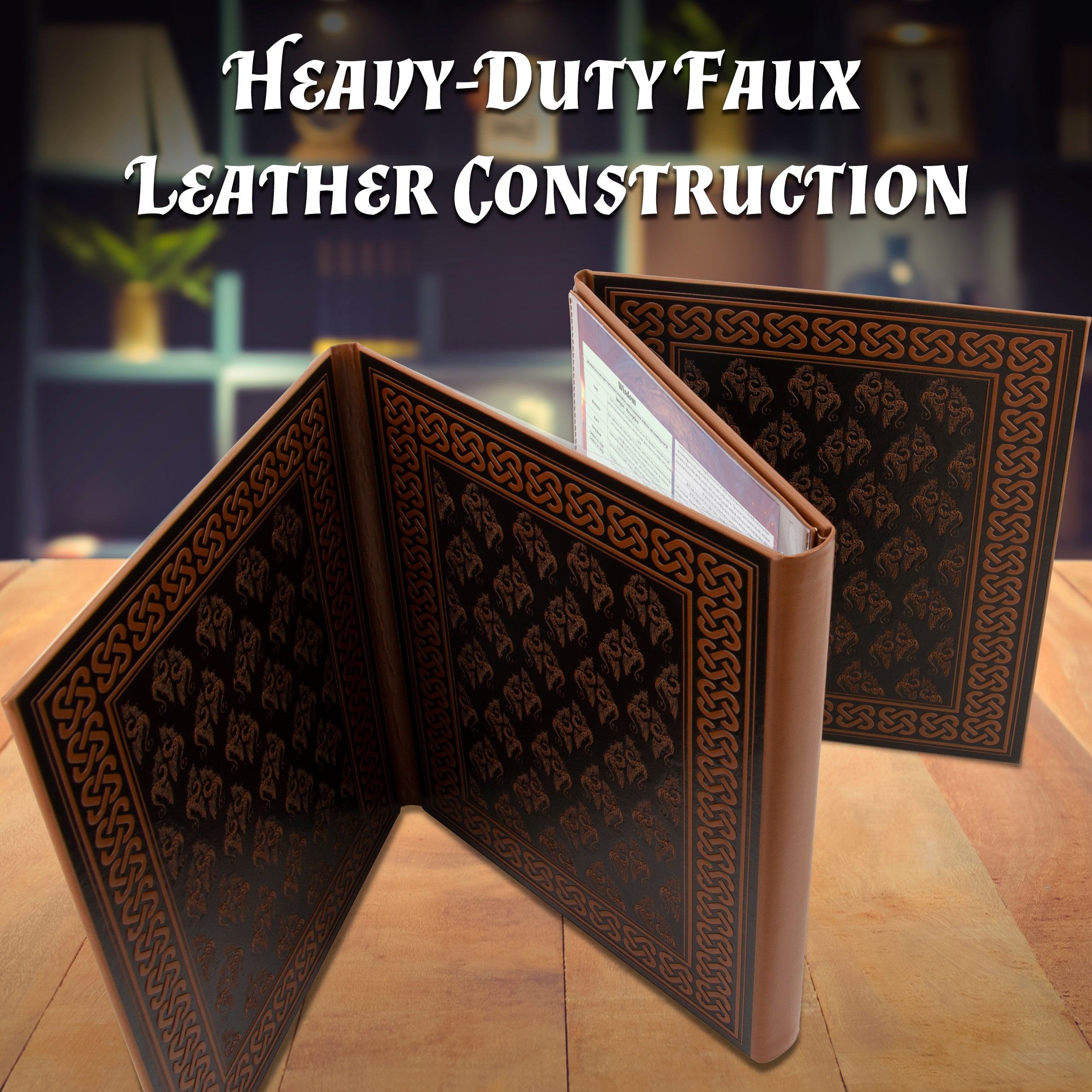 Faux Leather 4-Panel DM Screen with Wet Erase Pockets - Embossed Folding Game Master Screen for Dungeons & Dragons RPG - Black/Brown (Inserts Not Included) - Perfect for Tabletop Gaming Sessions & RPG Campaigns