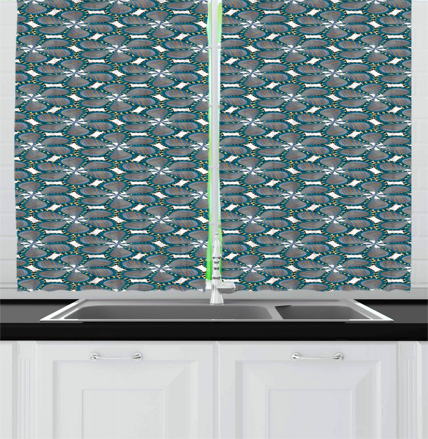 Ambesonne Pinwheel Kitchen Curtains - Digital Spring Floral Print with Swirled Leaves Design, 2 Panel Window Drapes for Kitchen & Cafe Decor (55x39 Inches, Petrol Blue Orange Yellow) - Perfect for Spring Refresh, Farmhouse Style & Cozy Breakfast Nook