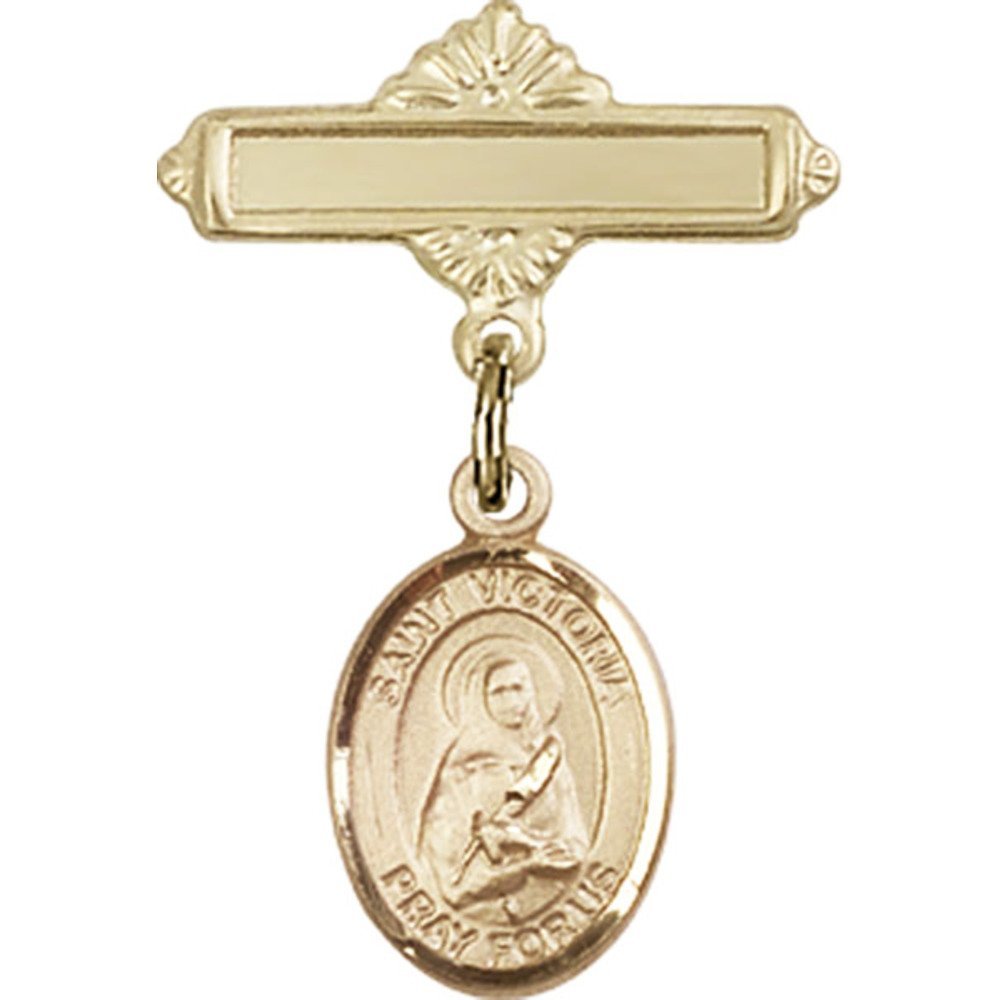 Bonyak Gold Filled Saint Medal Jewelry - St. Victoria Charm Baby Badge with Polished Pin (1 X 5/8 inches) - Religious Gifts for Baptism, First Communion & Everyday Faith Wear