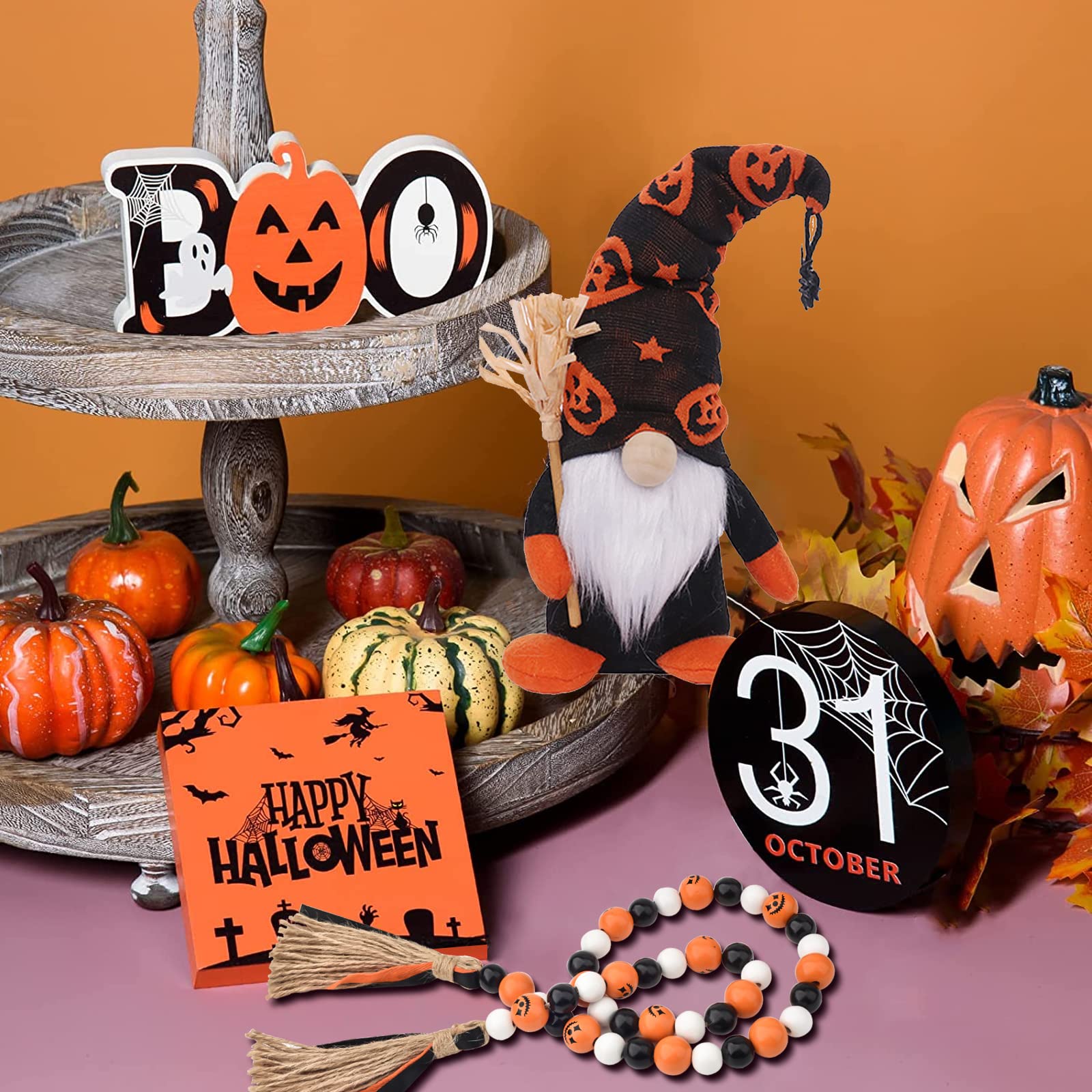 Halloween Tiered Tray Decor Set - Rustic Farmhouse Wooden Sign with Cute Gnomes, Plush & Bead Garland - Indoor Home Decor for Table, Desk, Room - Perfect for Fall Parties, Thanksgiving Centerpiece & Seasonal Home Styling