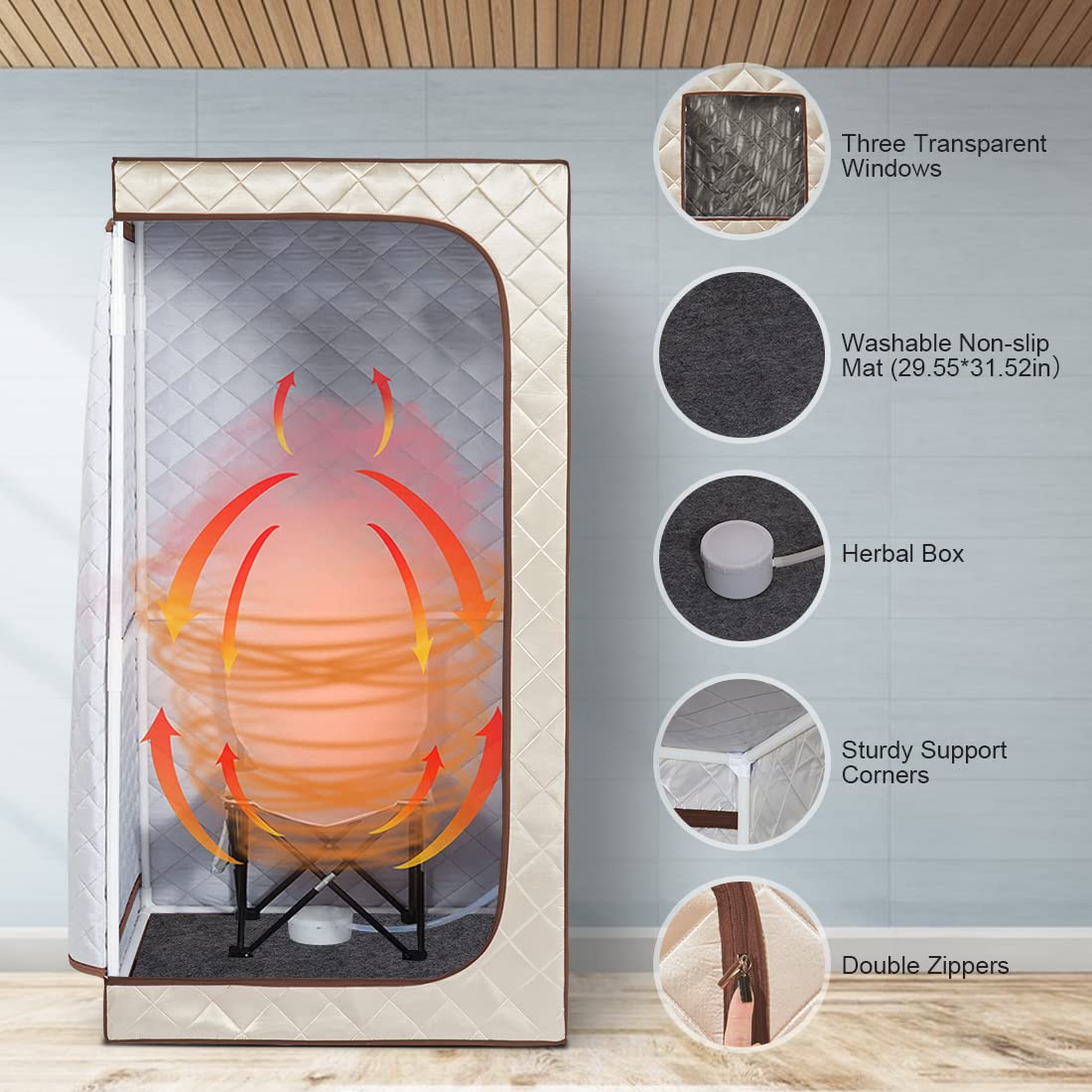 Smartmak Portable Home Steam Sauna - Full Size Personal Sauna Spa Box with 1500W Steam Generator, 4L Water Tank & 99 Min Timer | Foldable Chair & Mat Included | Remote Control | Beige Brown | Perfect for Home Relaxation, Detox & Muscle Recovery