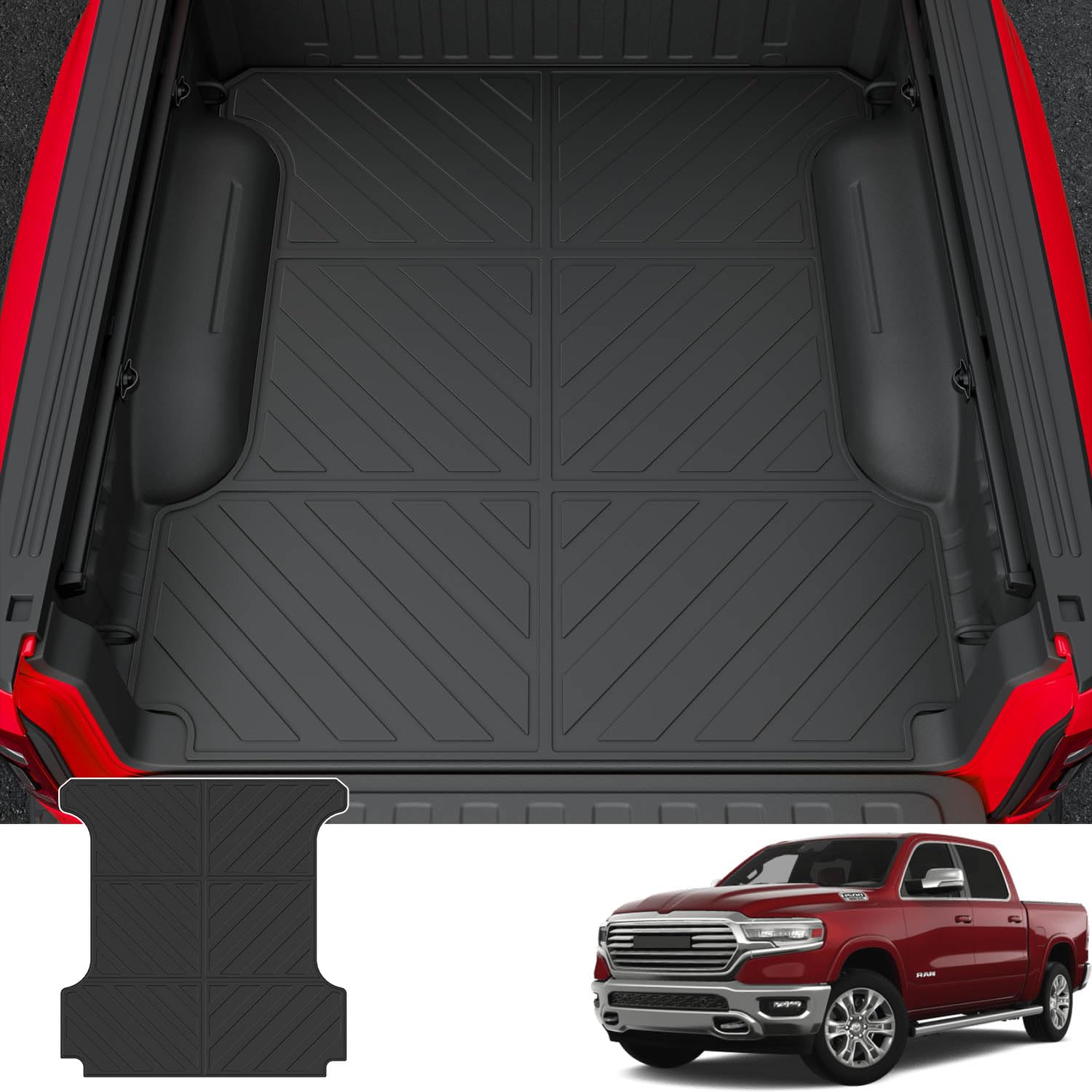 5.7FT Heavy Duty TPE Truck Bed Mat for 2019-2024 Dodge Ram 1500 | Non-Slip Cargo Liner Replacement | 3-Fold Design | Perfect for Hauling, Camping & Off-Road Protection